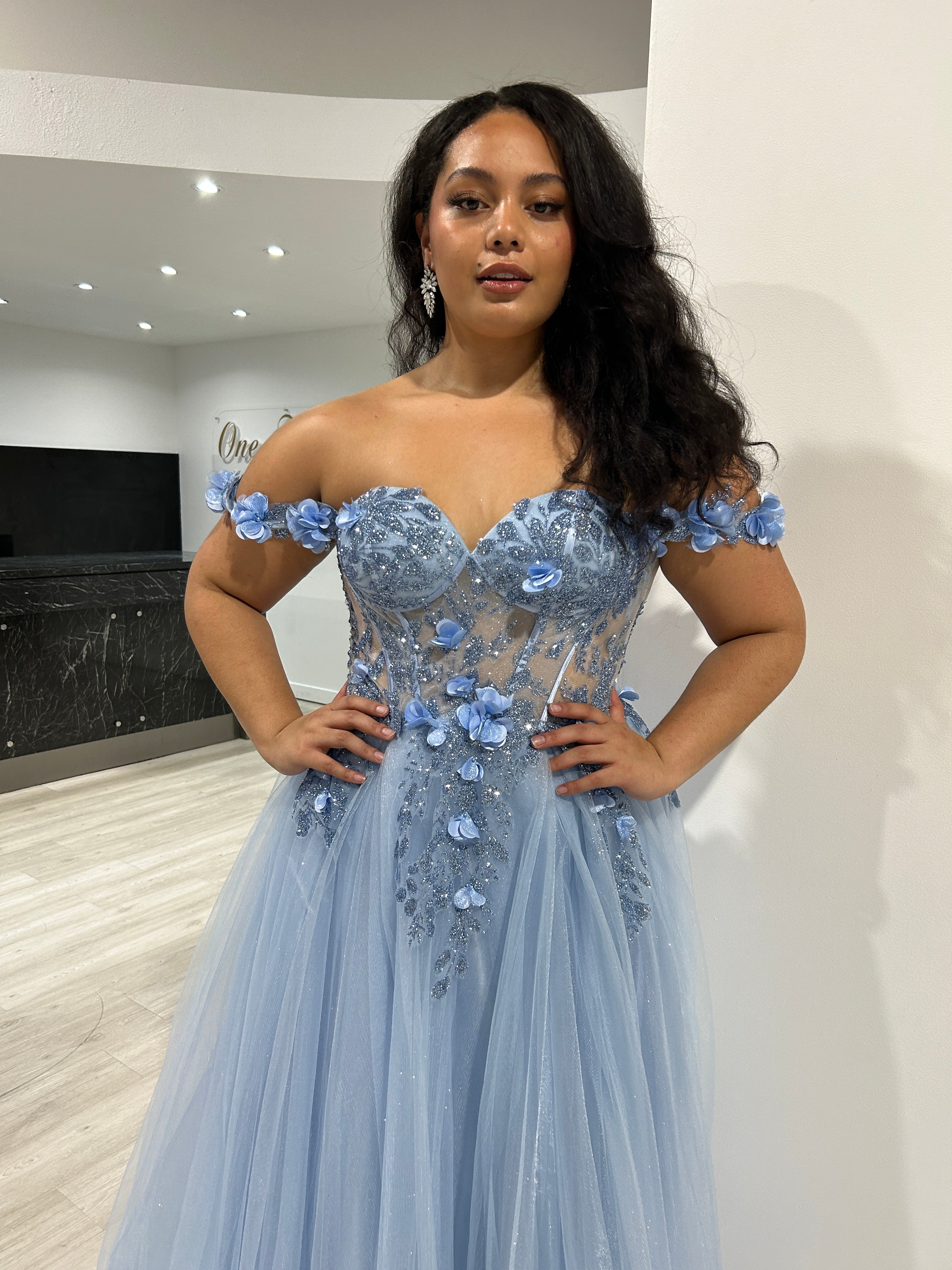 Honey Couture KARRISA blue glitter off-shoulder A-line formal dress by Australian designer, perfect for proms and evening events.