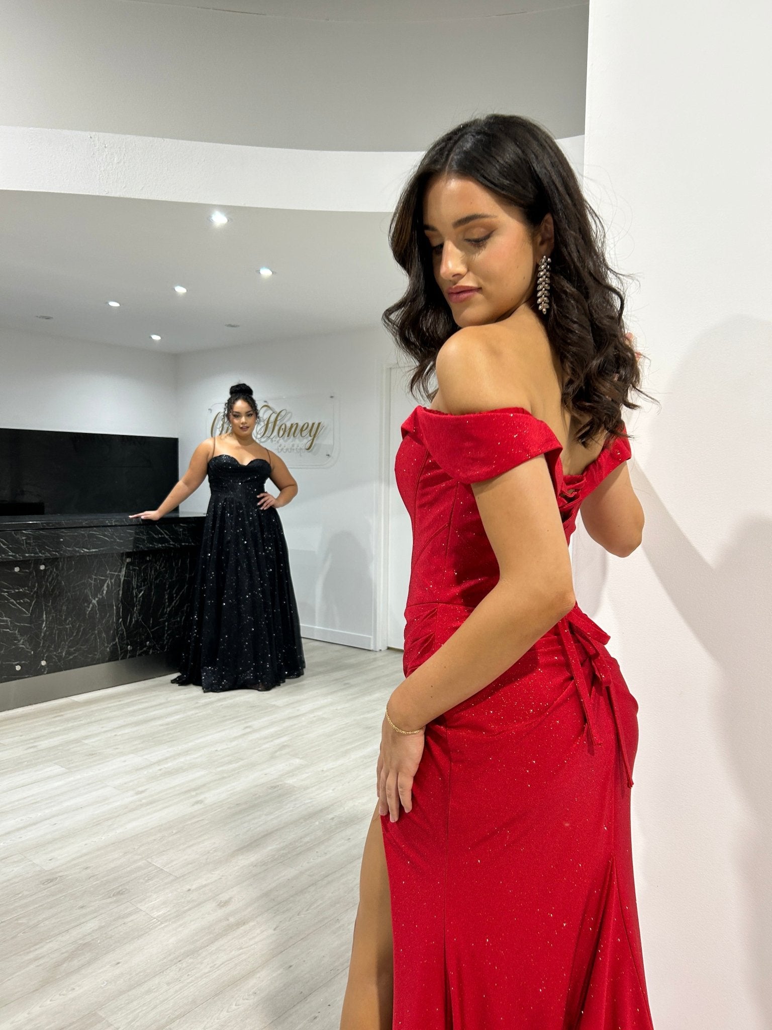 HARPER Shimmer Glitter Off The Shoulder Corset Formal Gown in Australia | One Honey Boutique