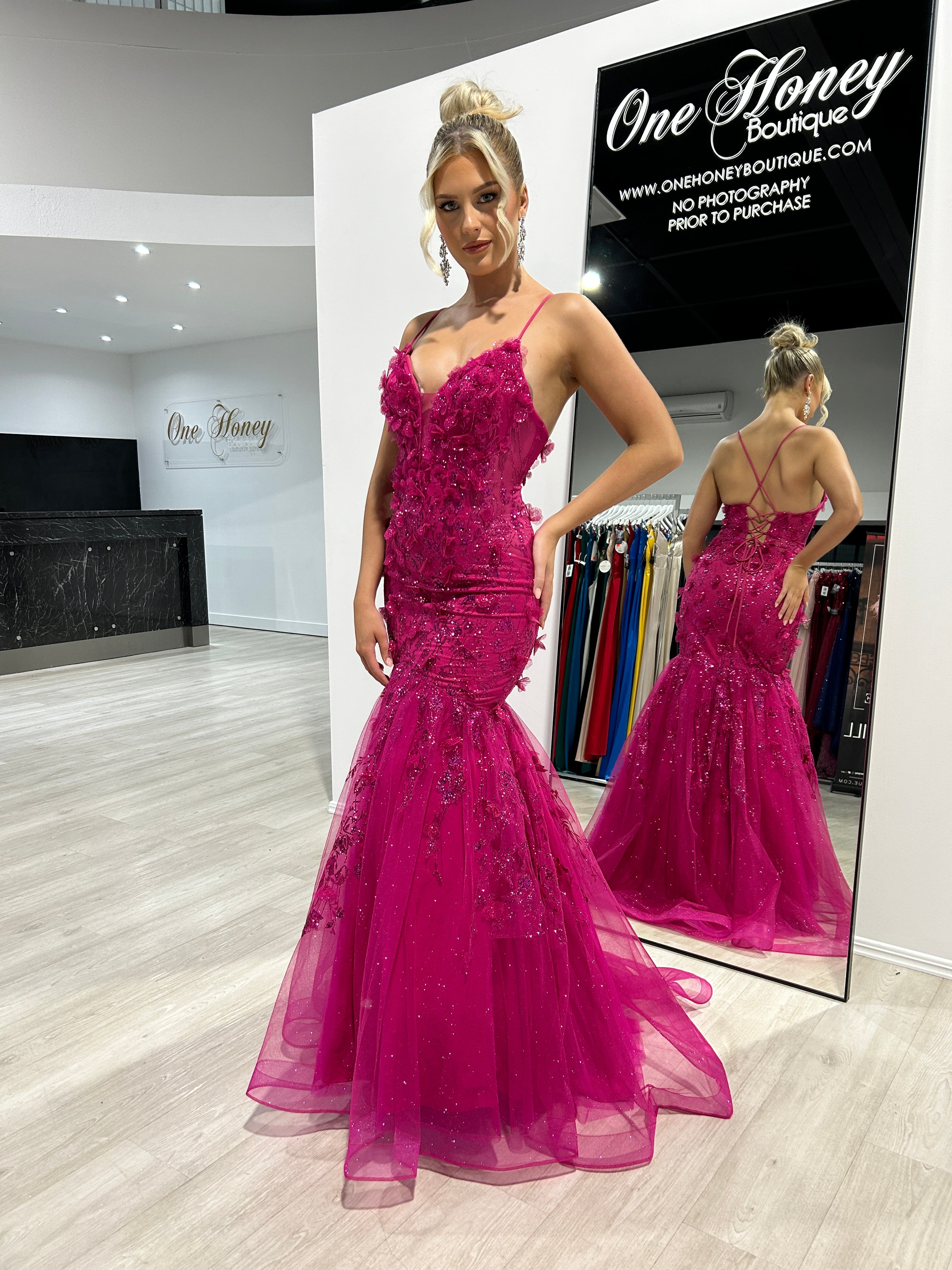 DREAM Sequin Glitter Fishtail Mermaid Formal Dress; floral appliques; evening gown; Brisbane to Gold Coast