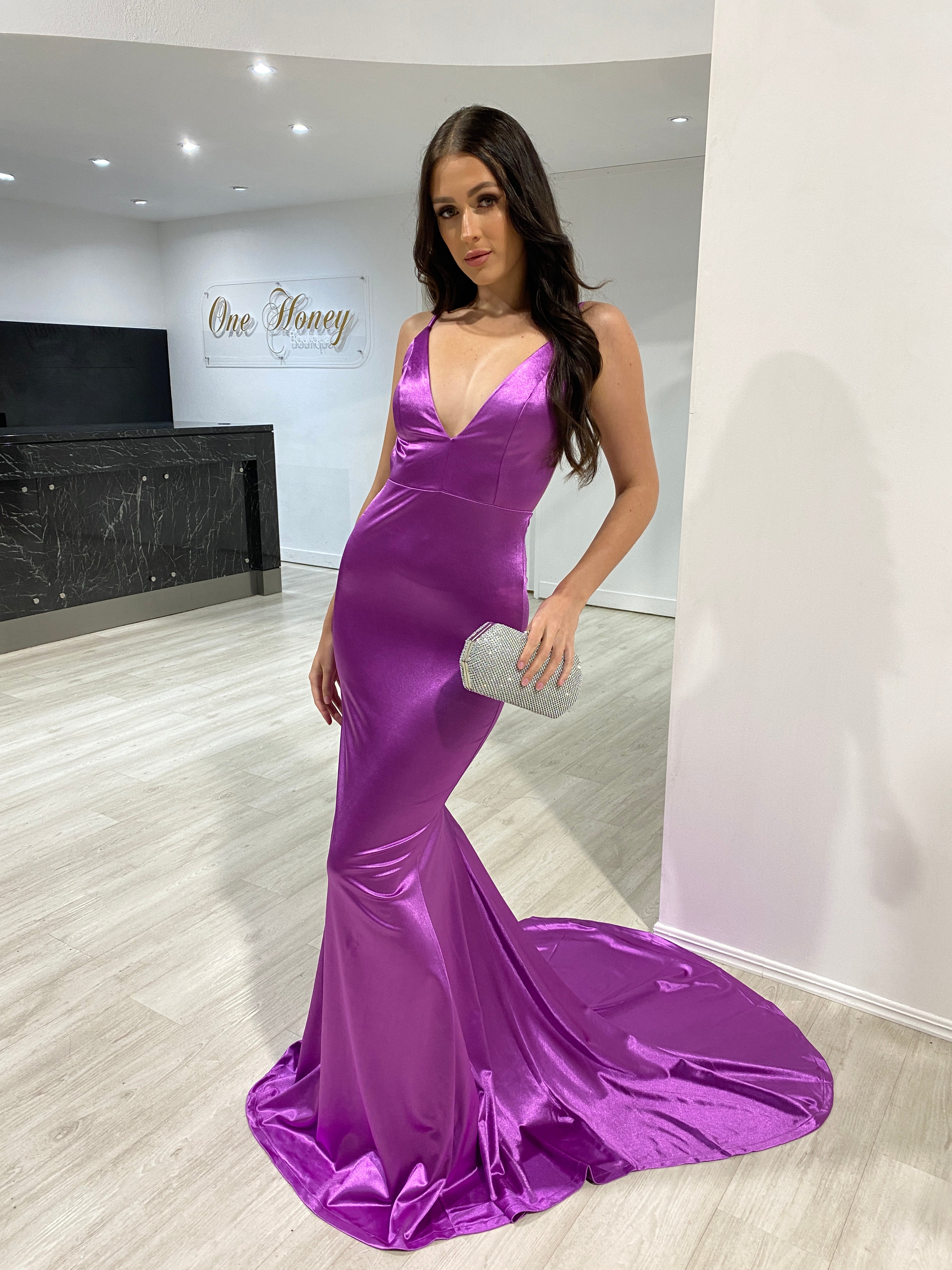 Honey Couture MILEE Low Back Mermaid Evening Gown in purple, featuring silky stretch fabric by Australian Designer, perfect for proms.