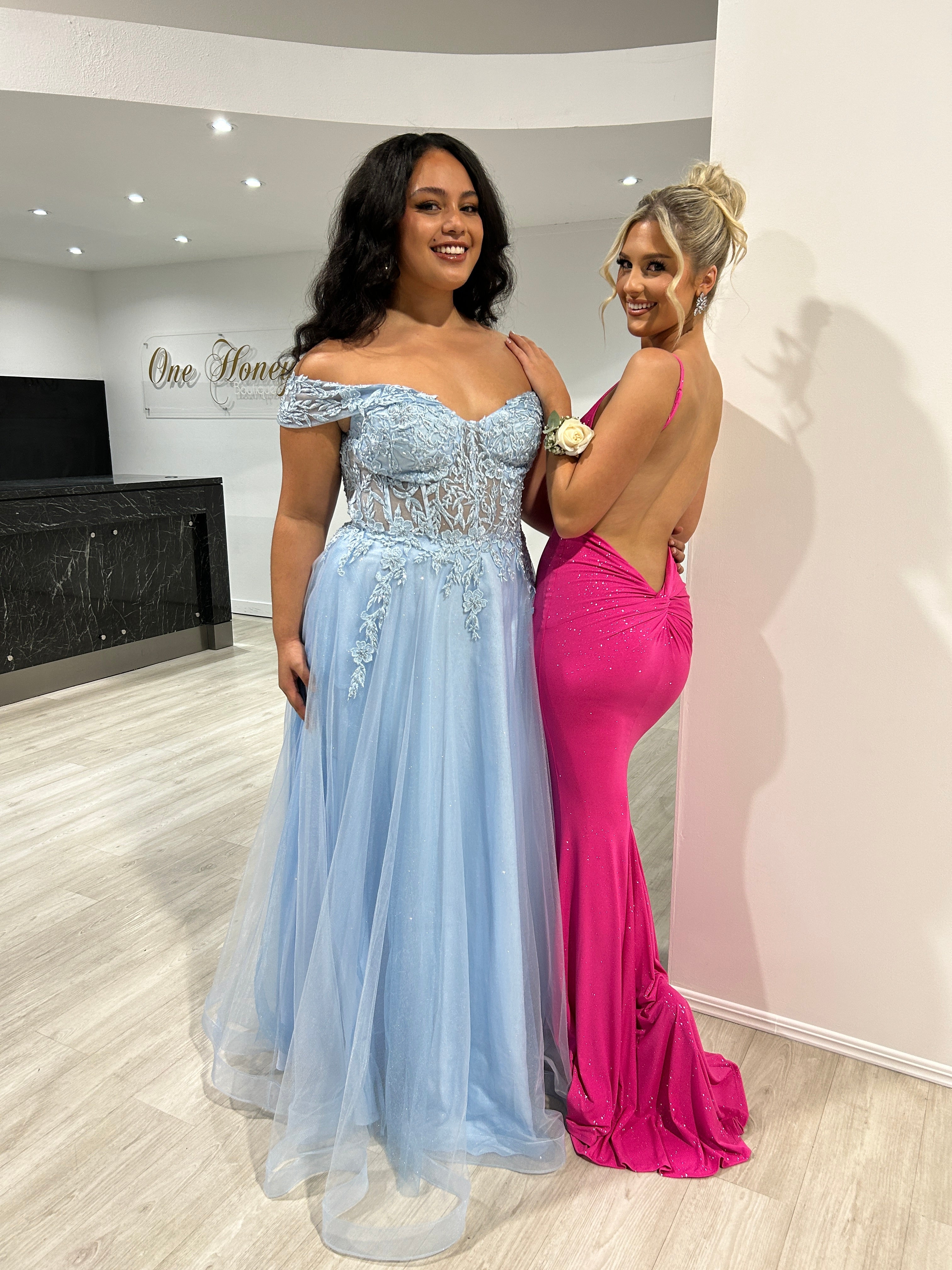 Two women in formal dresses; one in a blue off-shoulder lace bodice gown and the other in a pink low back mermaid dress. Brisbane to Gold Coast.