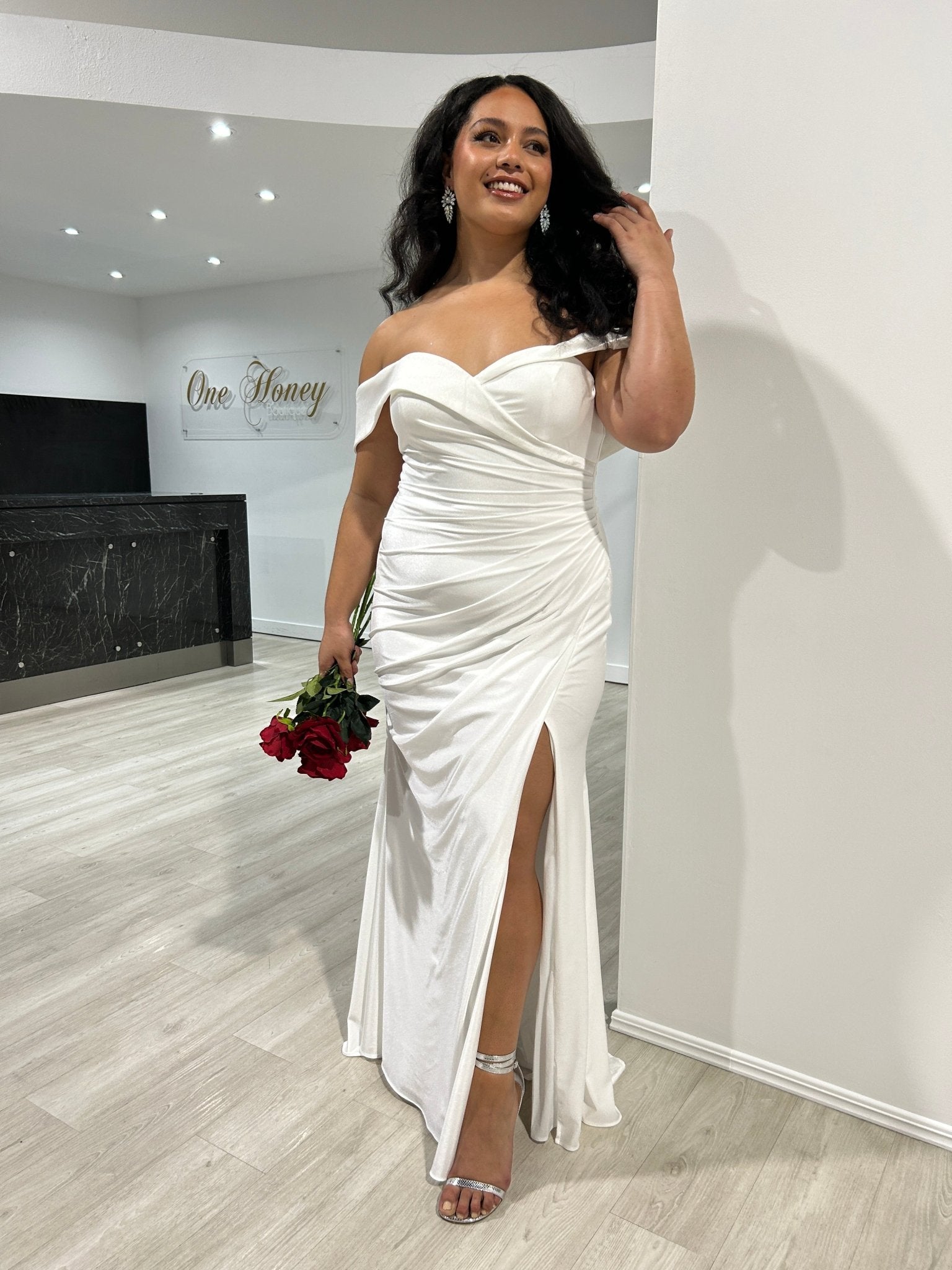 LAILA Off Shoulder Silky Bridesmaid Semi Formal Dress in Australia | One Honey Boutique