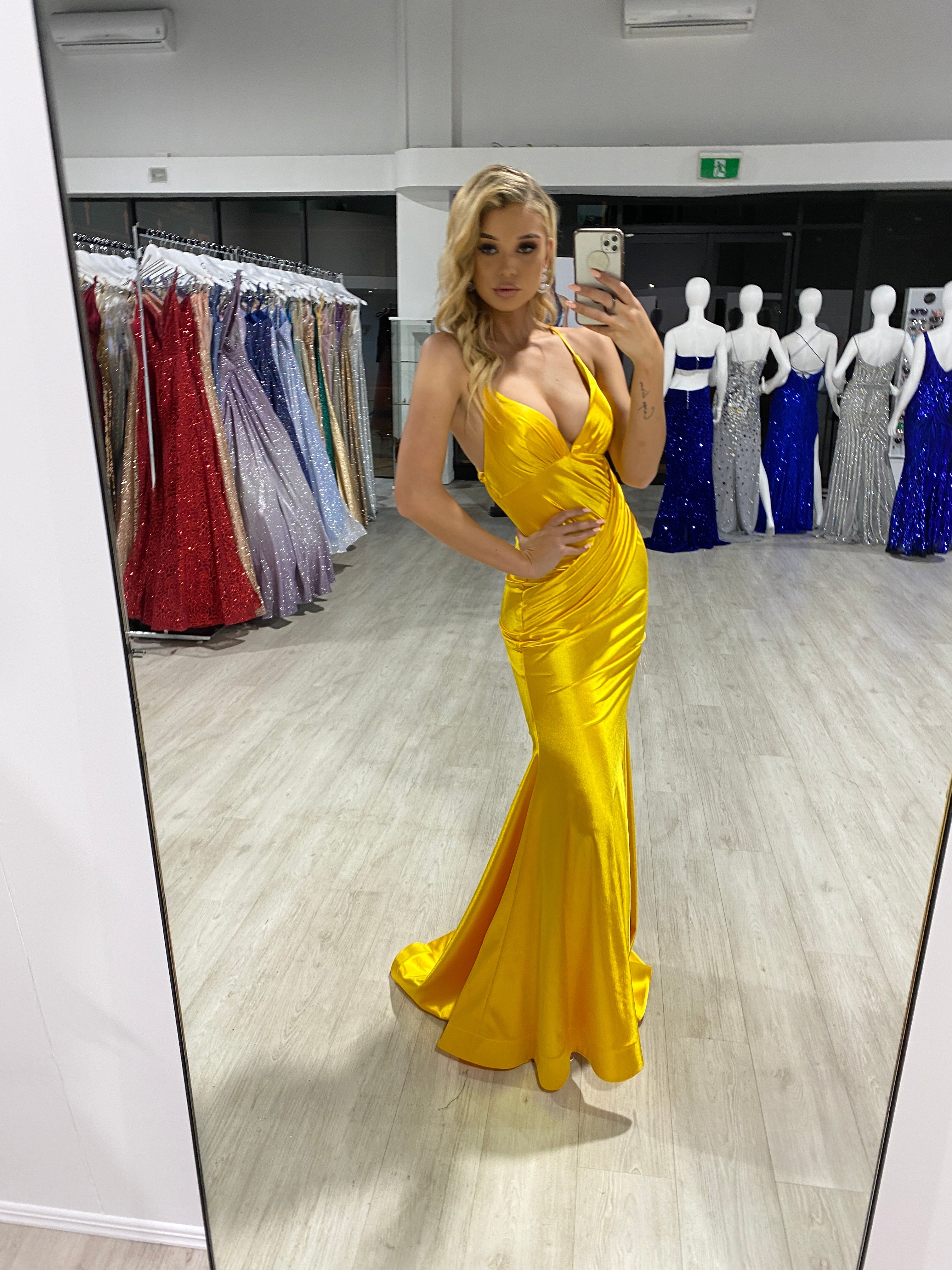 COCO Sash Front Low Back Gown, yellow satin evening dress with deep V-neckline and mermaid silhouette. Brisbane to Gold Coast.