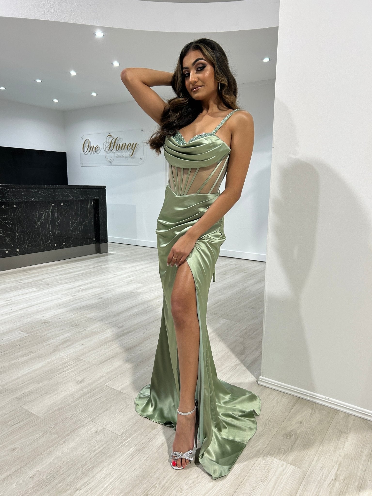 Honey Couture KAT Satin Beaded Detail Corset Bustier Formal Dress in Australia | One Honey Boutique