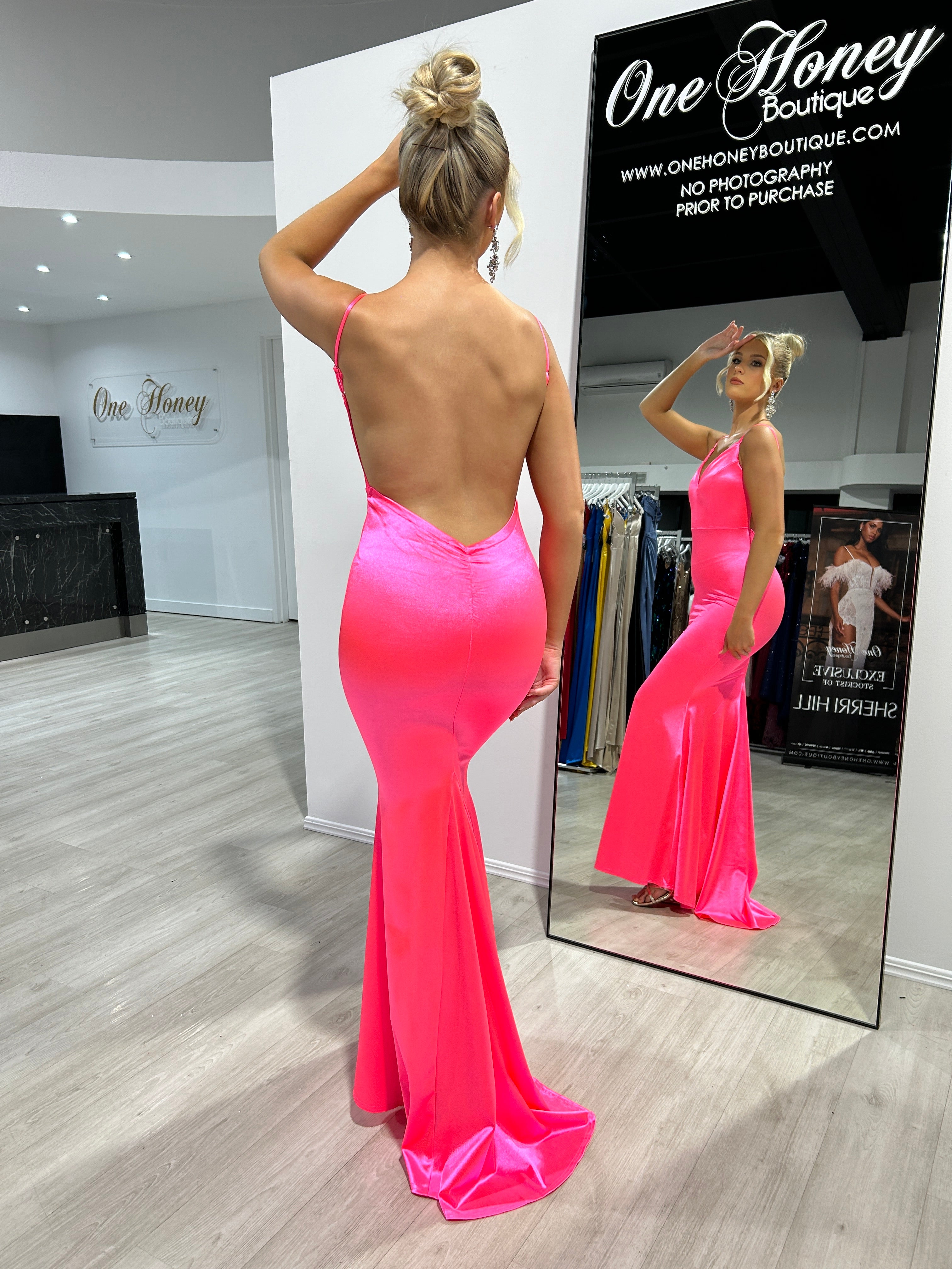 CYRUS Neon Low Back Mermaid Formal Dress with bum scrunch and flattering silhouette, perfect for events. Brisbane to Gold Coast, Australia.