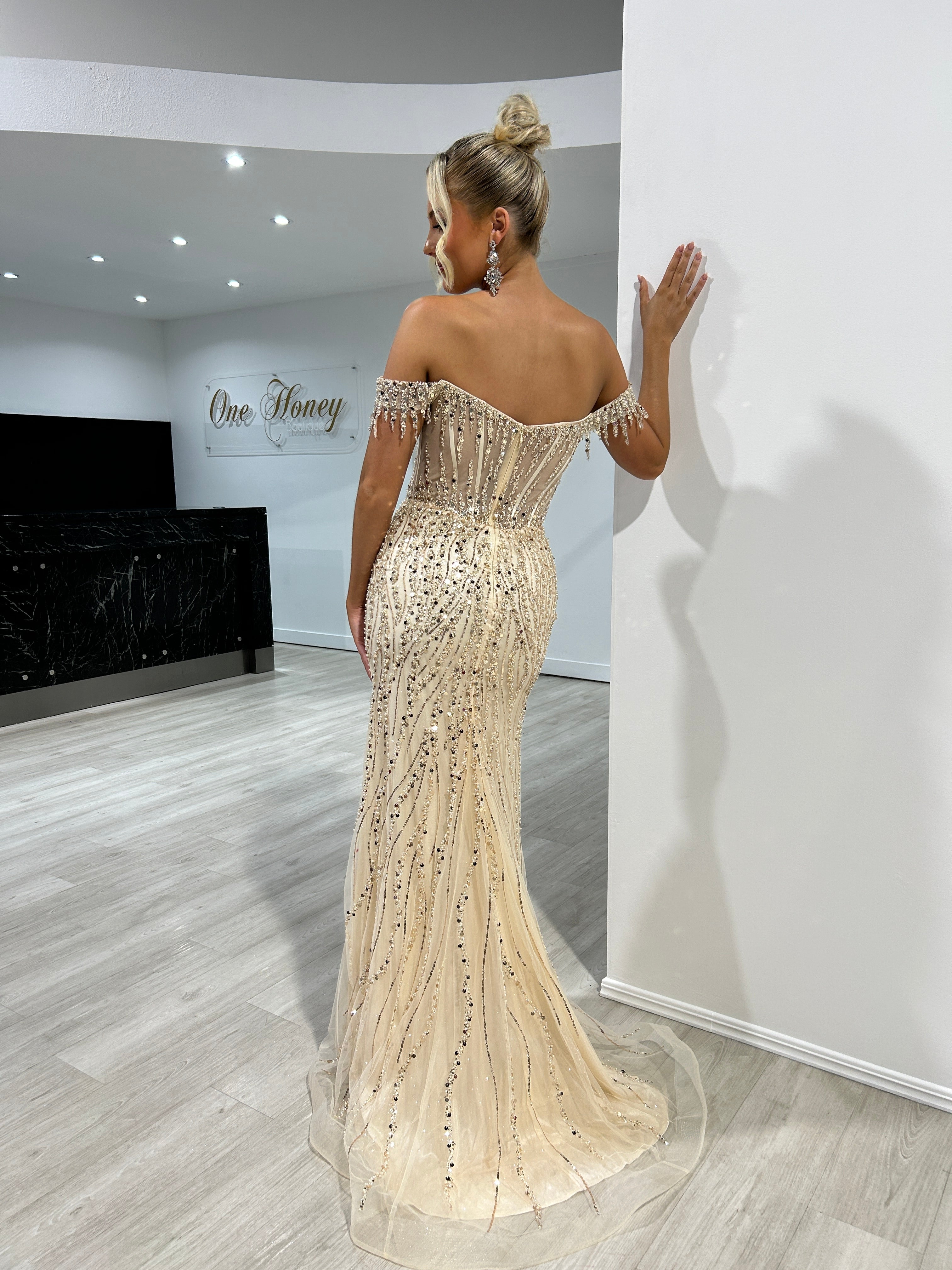 Honey Couture SOVIA Champagne Off The Shoulder Beaded Embellished Corset Mermaid Formal Dress