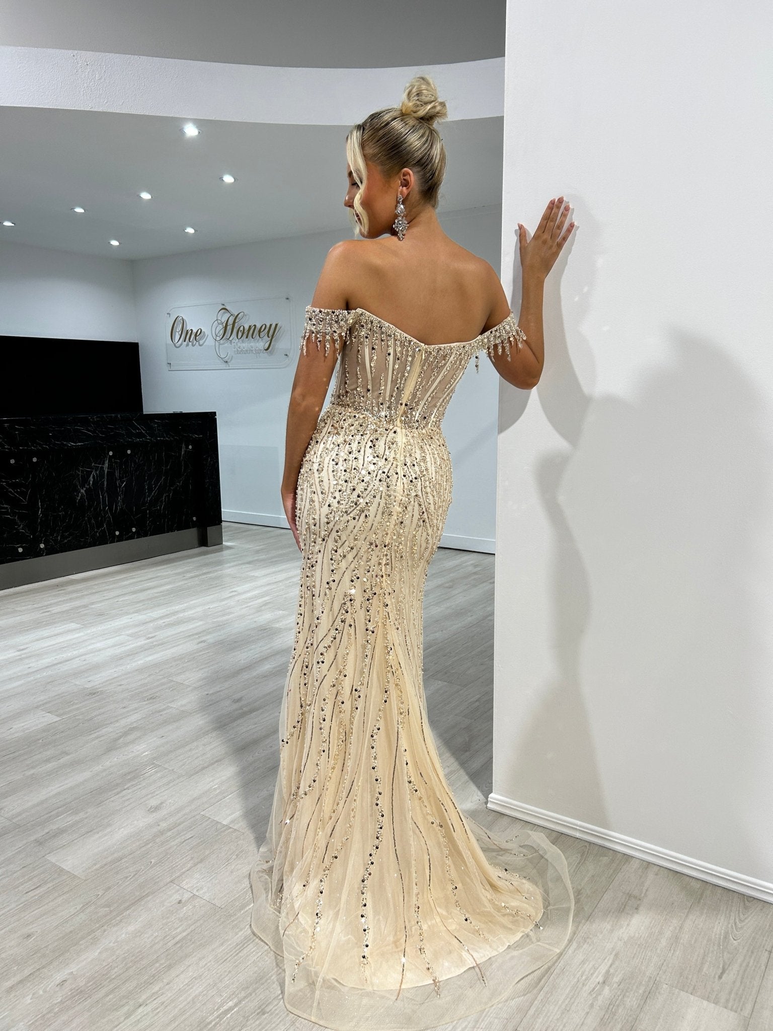 SOVIA Off Shoulder Beaded Corset Mermaid Prom & Formal Dress in Australia | One Honey Boutique