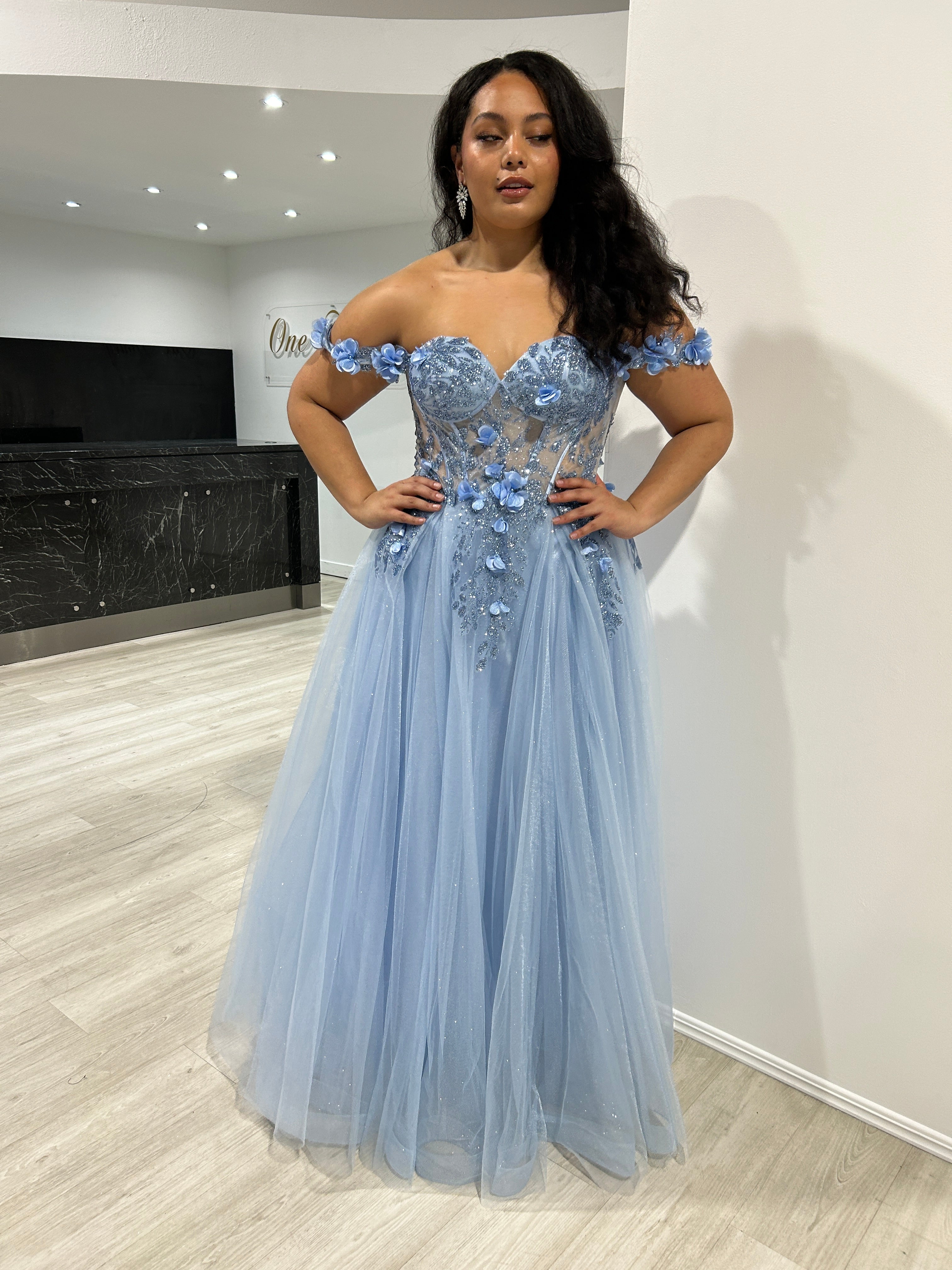 Honey Couture KARRISA off-shoulder blue glitter A-line formal dress, Australian designer evening gown, prom-ready elegance.