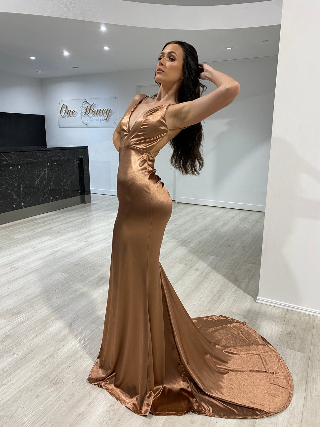Honey Couture MILEE Copper Low Back Mermaid Formal Dress (RED TAG FINAL SALE) in Australia | One Honey Boutique