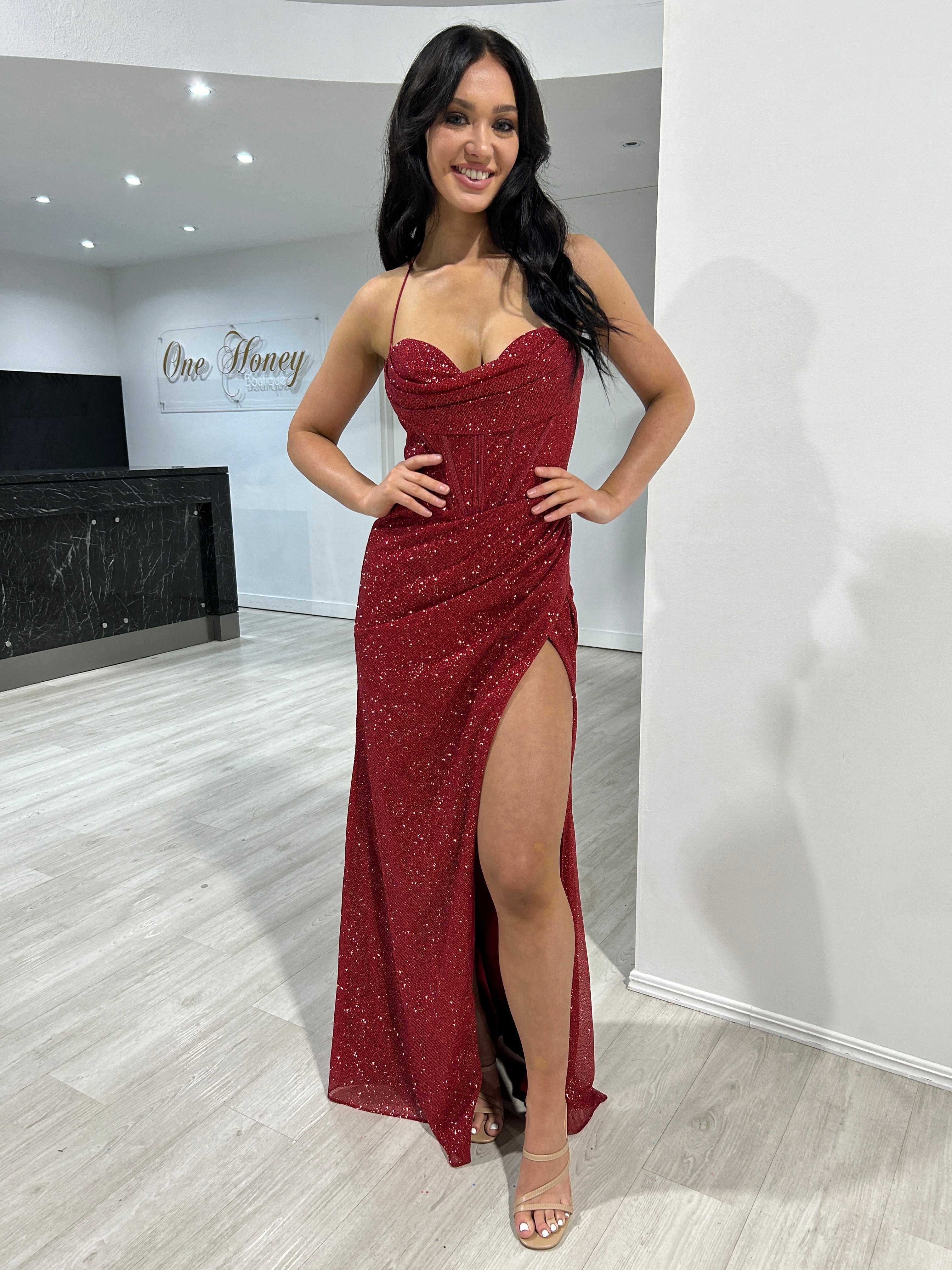 DAYA Glitter corset mermaid gown with draped bodice, perfect for formal events. Elegant, stylish design from Brisbane to Gold Coast.