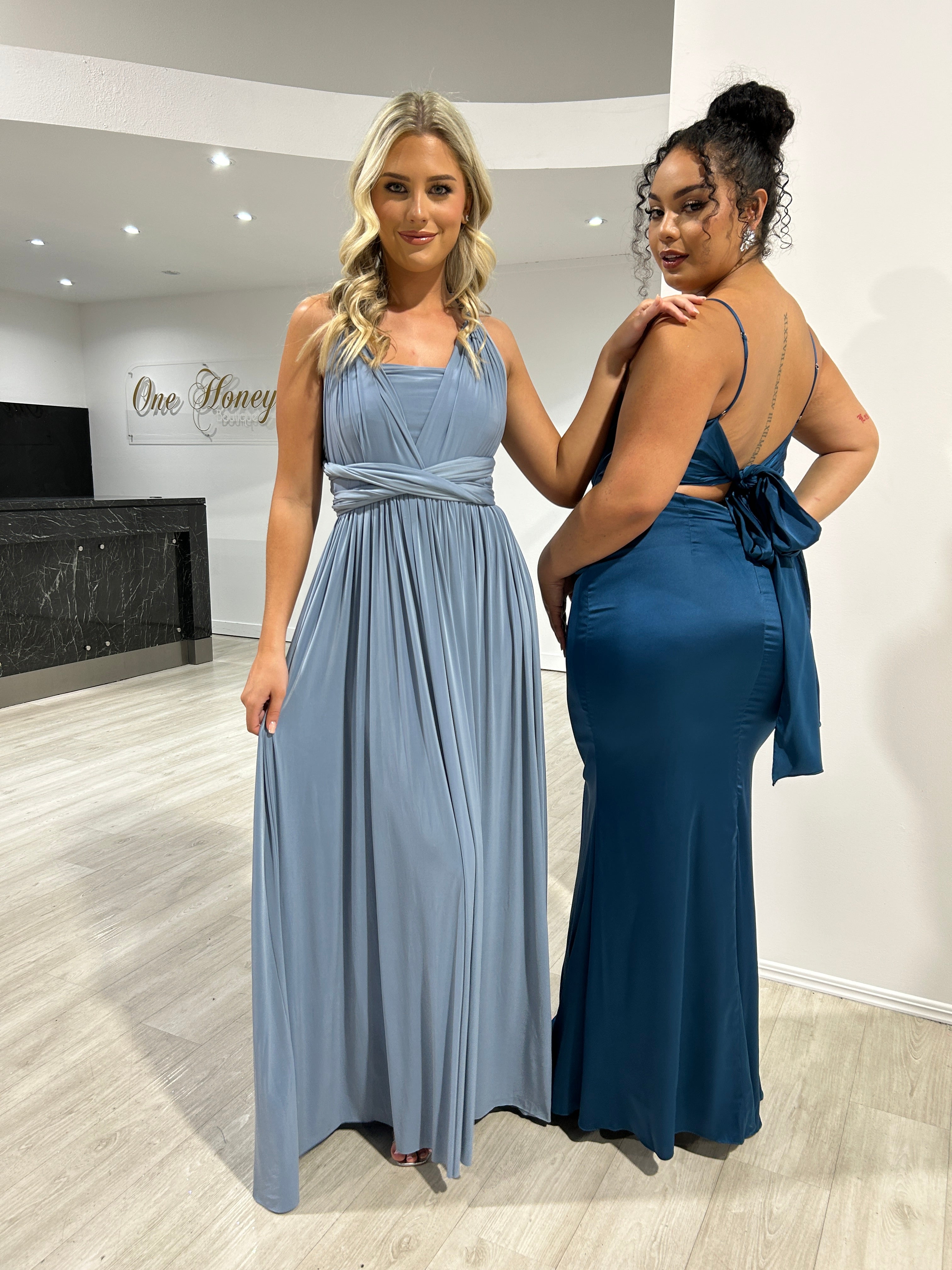 CAPREE bridesmaid dress in silky fabric showcasing multi-wear tie-up style with elegant floor-length design. Brisbane to Gold Coast.