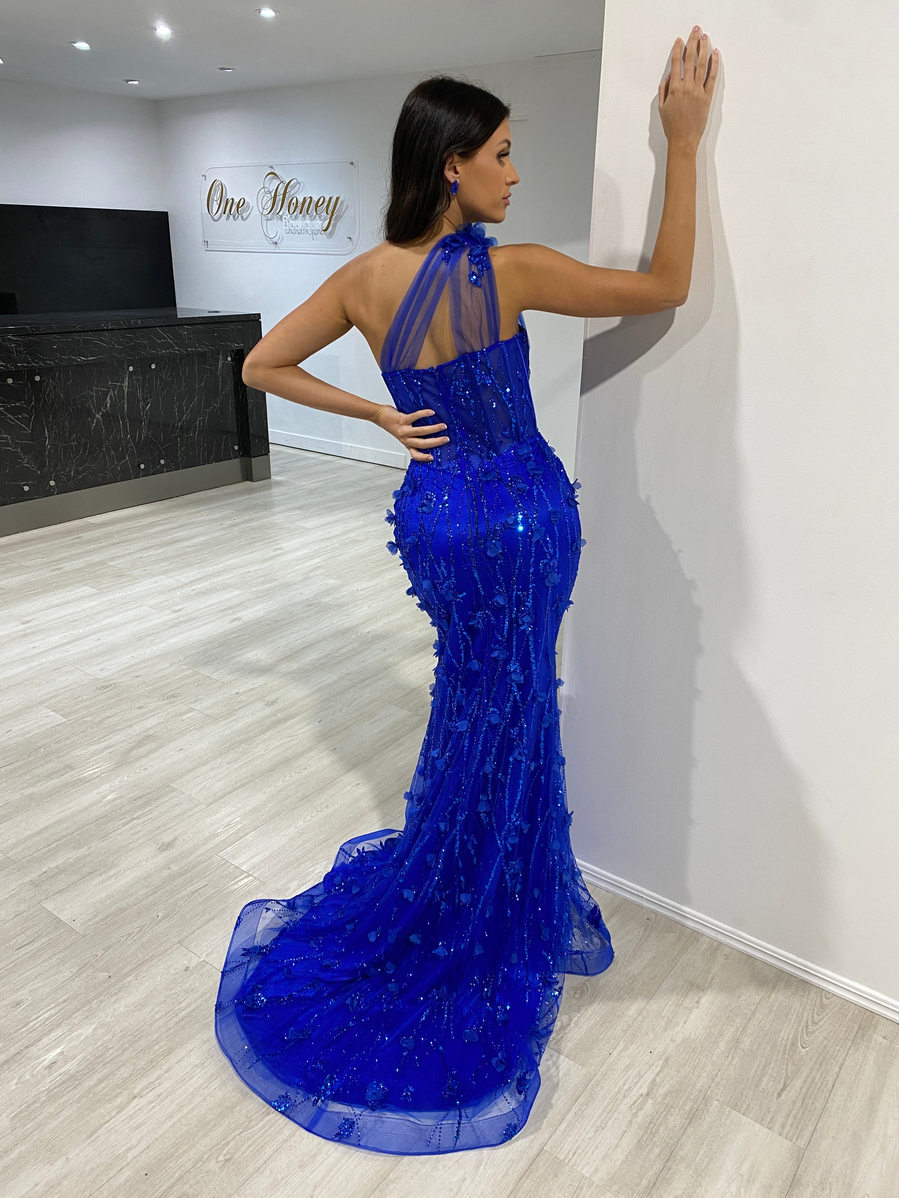 AMINA One Shoulder Glitter Tulle Mermaid Formal Dress with flower appliqué, evening gown, Brisbane to Gold Coast, Australia.