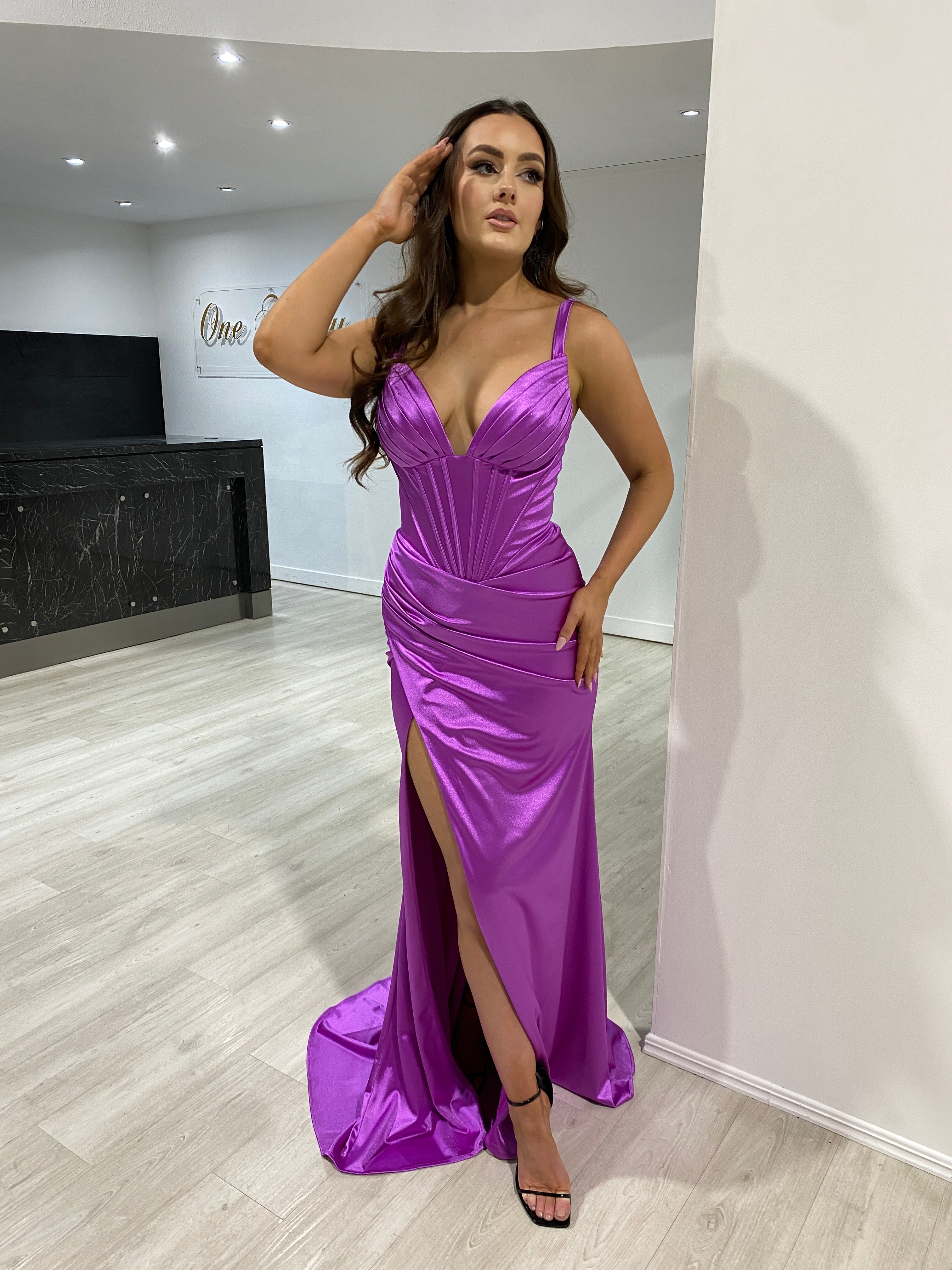 JADE Silky Satin Corset Leg Split Formal Dress with a luxurious drape and deep neckline. Perfect evening gown, Brisbane to Gold Coast.