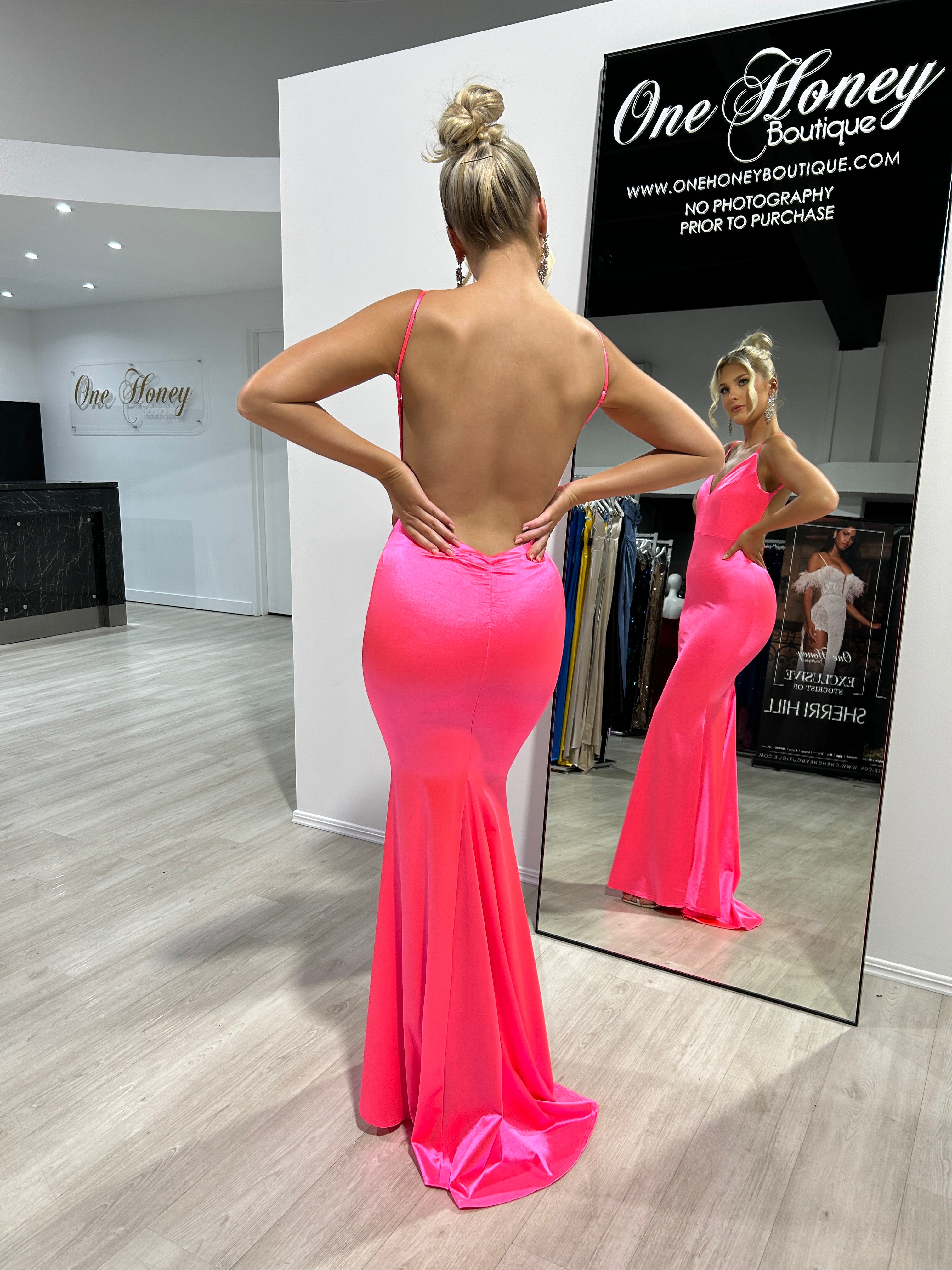 Honey Couture CYRUS Neon Fuchsia Pink Bum Scrunch Low Back Mermaid Formal Dress