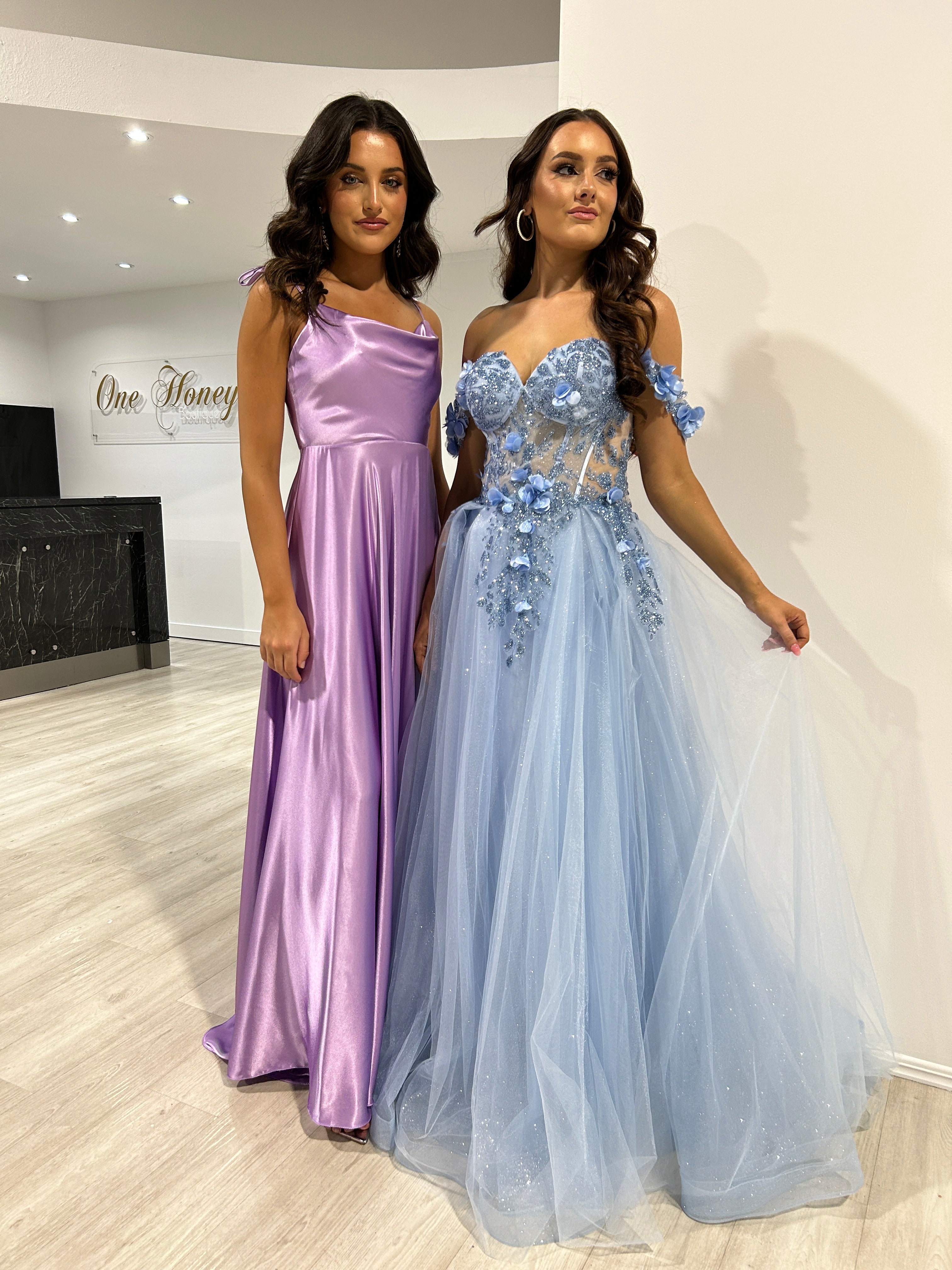 Two women in formal dresses; one in a lavender silky gown with spaghetti straps, and one in a blue tulle dress with floral appliques. Brisbane to Gold Coast.