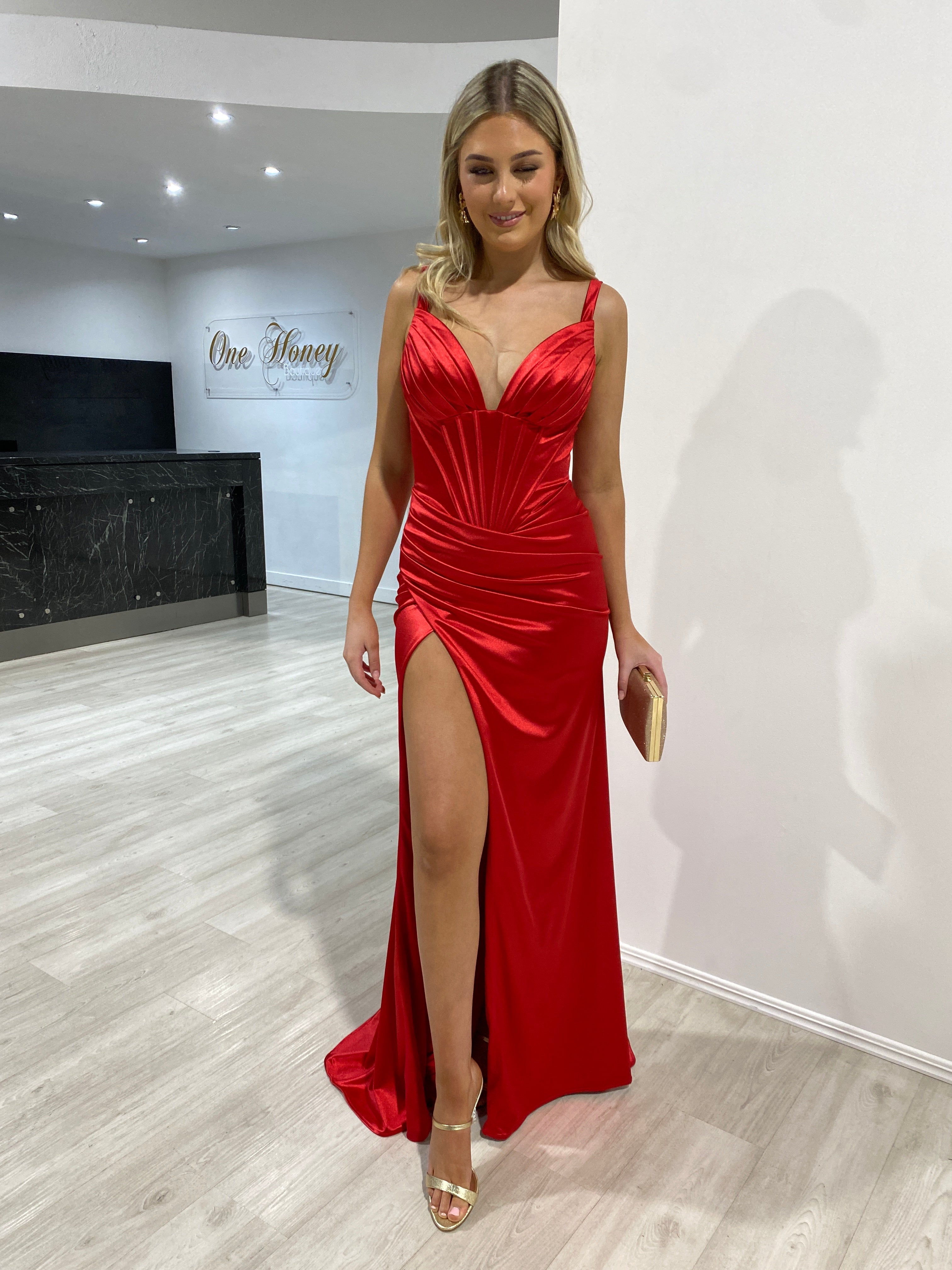 JADE Silky Satin Corset Leg Split Formal Dress with elegant draping and padded bust, perfect evening gown. Brisbane to Gold Coast.