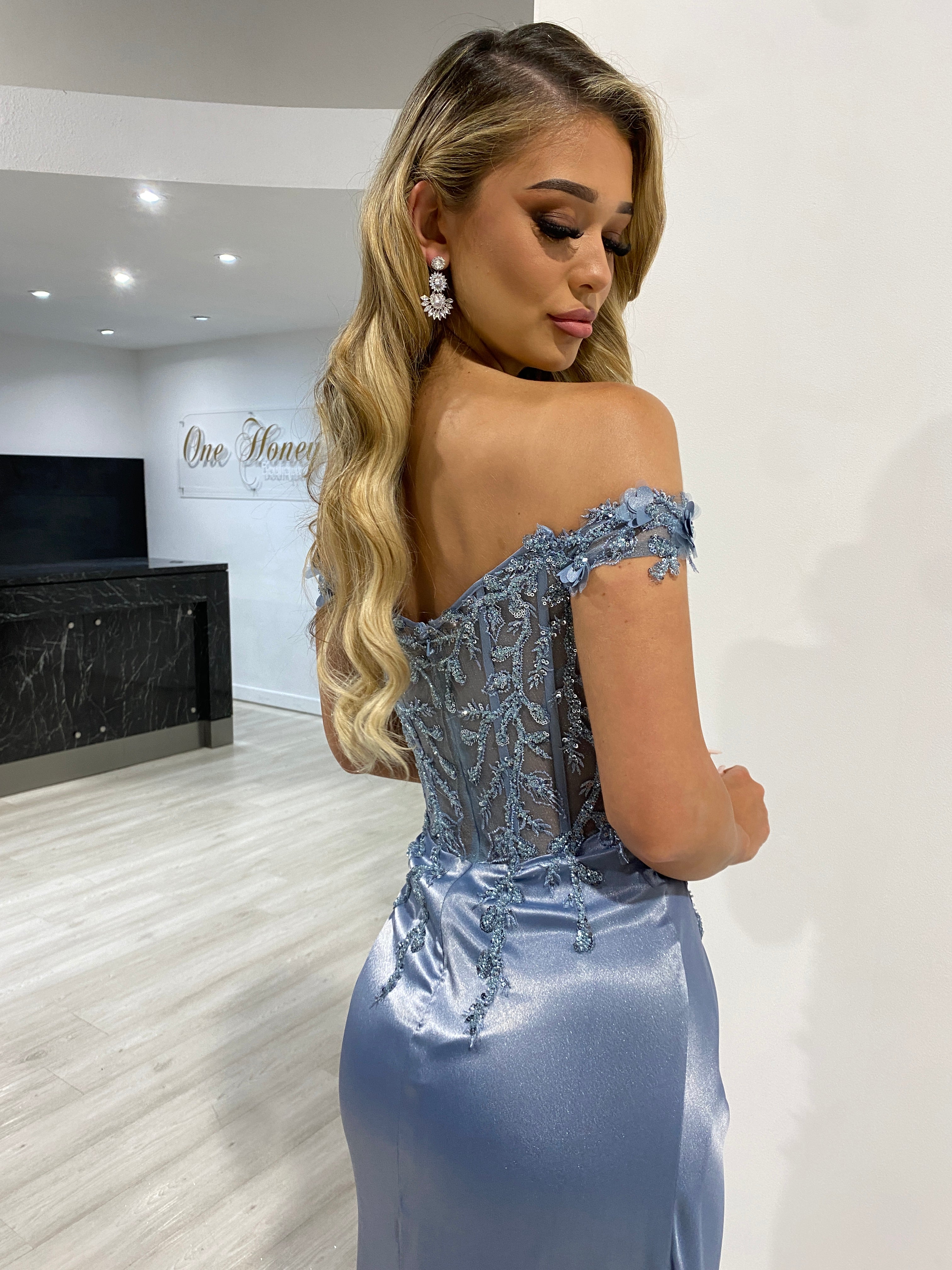 THELMA Sequin Bustier Corset Satin Mermaid Formal Dress with floral off-shoulder lace bodice. Brisbane to Gold Coast, Australia.