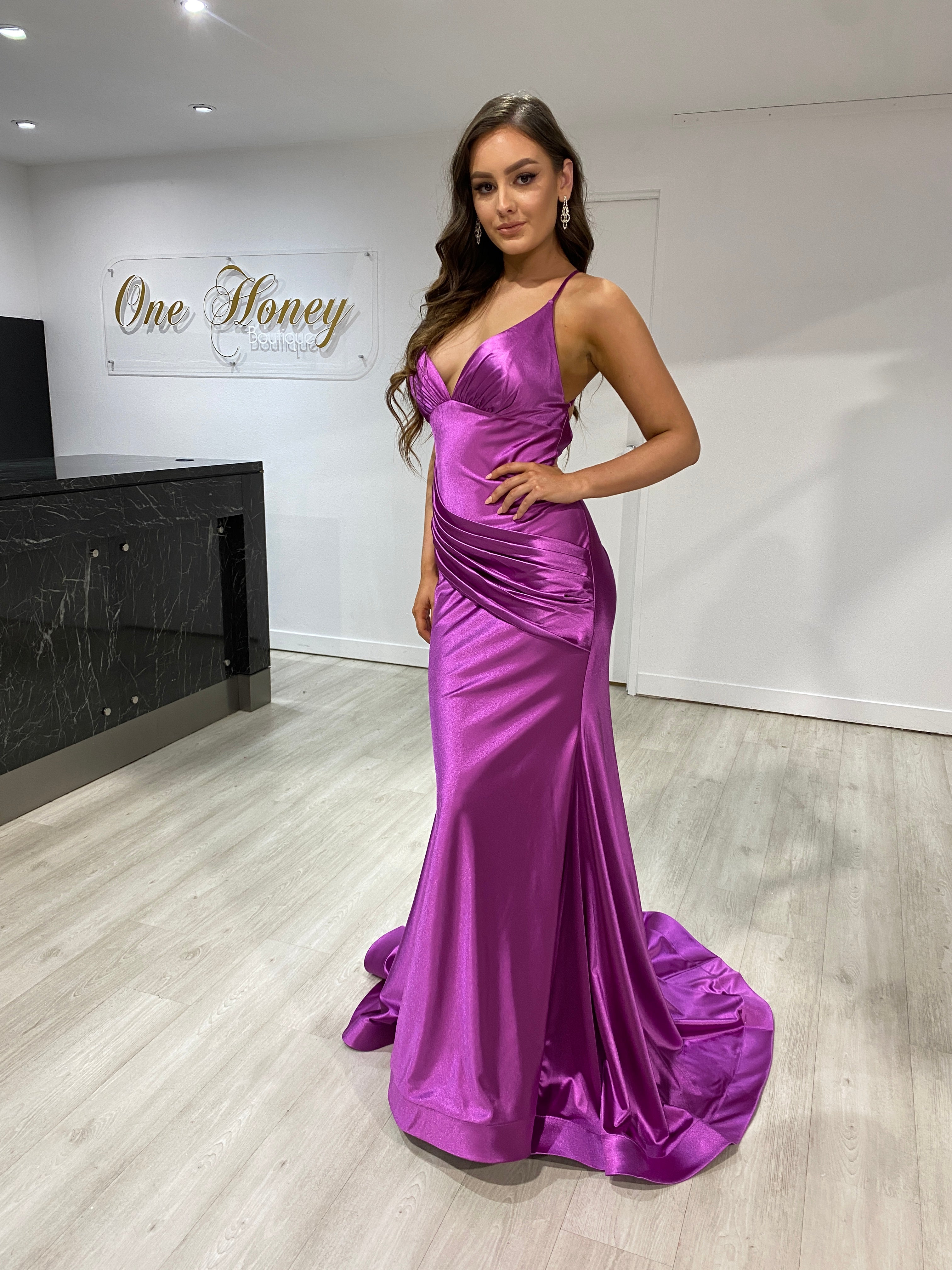 COCO deep V-neck satin ruched mermaid formal gown, evening dress, Brisbane to Gold Coast.