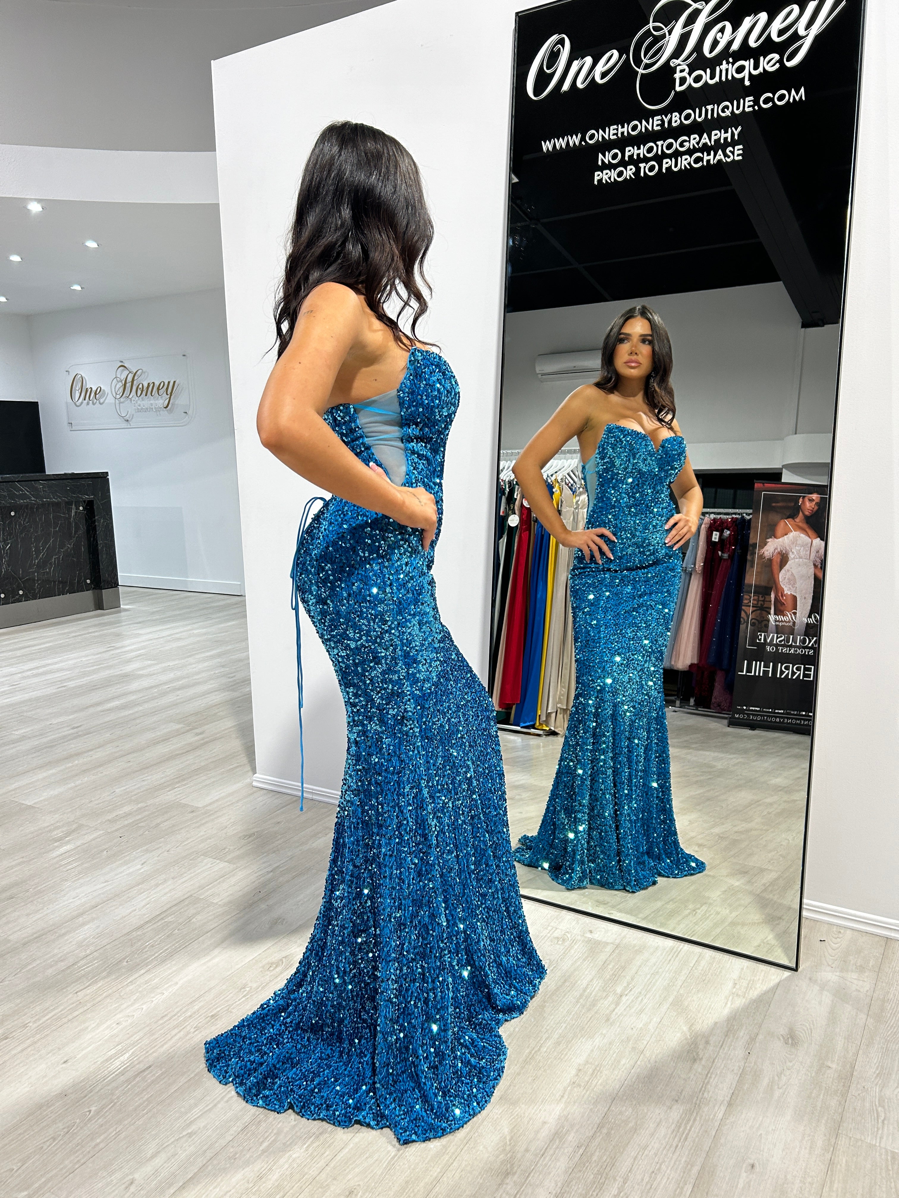 CAMPBELL Sequin Strapless Mermaid evening gown with pointed neckline and sheer sides. Perfect for formal events. Brisbane to Gold Coast.