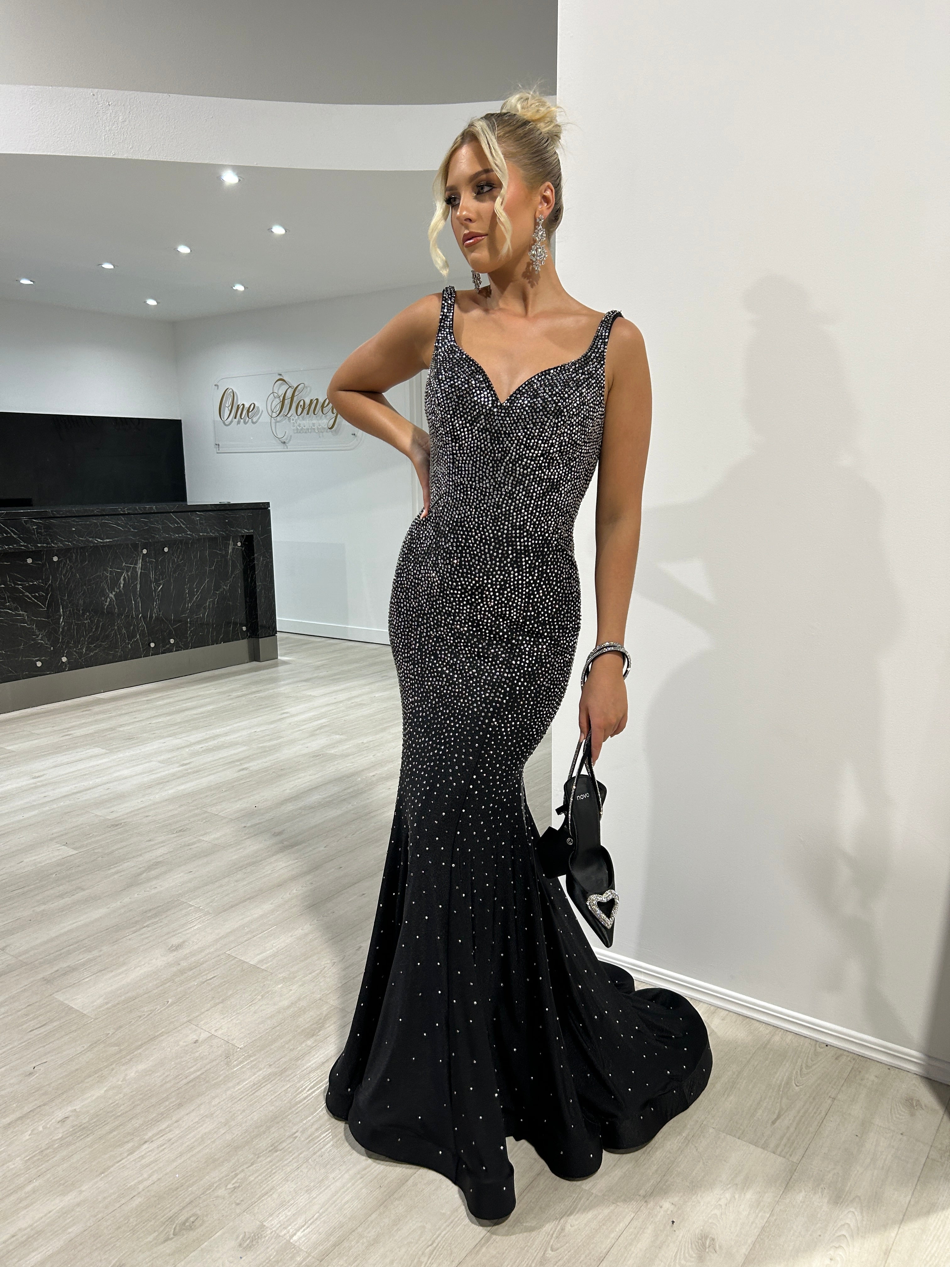 Model wearing Honey Couture MAI Diamante mermaid dress; Australian Designer evening gown with slinky fabric, perfect for prom or formal events.