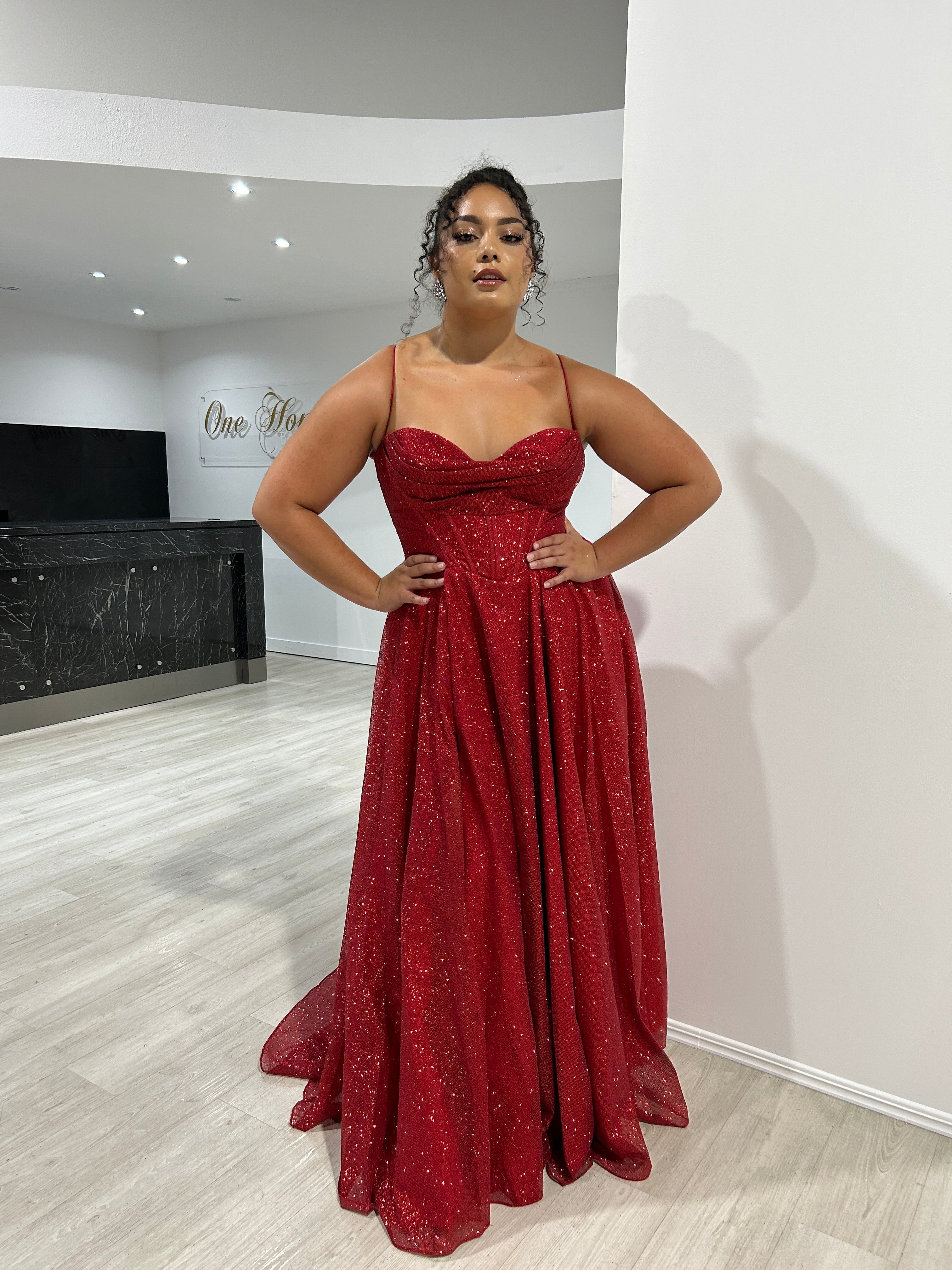 DREYA Curve Corset Ballgown with glitter bodice and pleated neckline, school formal dress. Brisbane to Gold Coast, Australia.