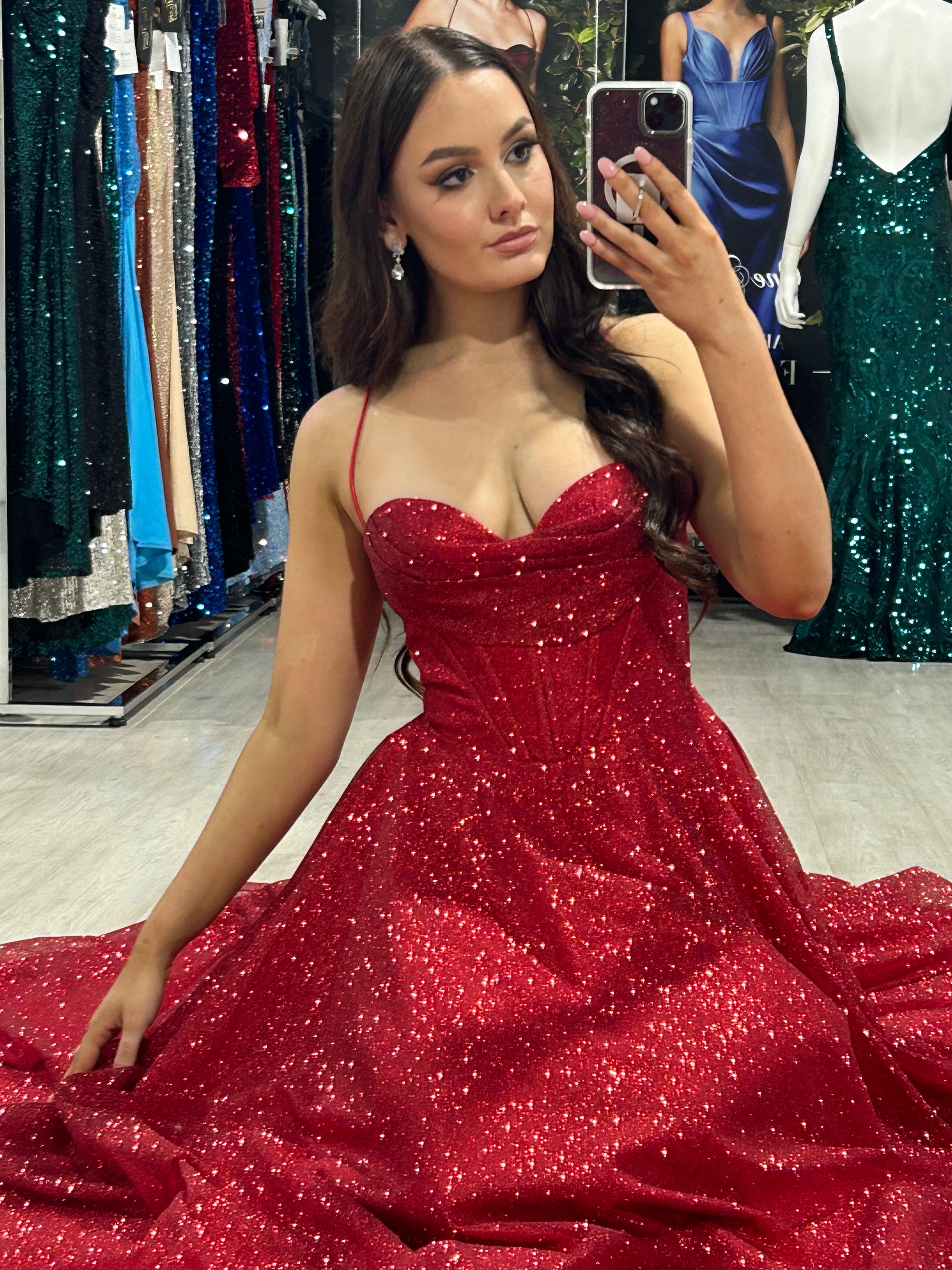 DREYA glitter corset ball gown for school formal dress with dazzling red bodice, Brisbane to Gold Coast, Australia