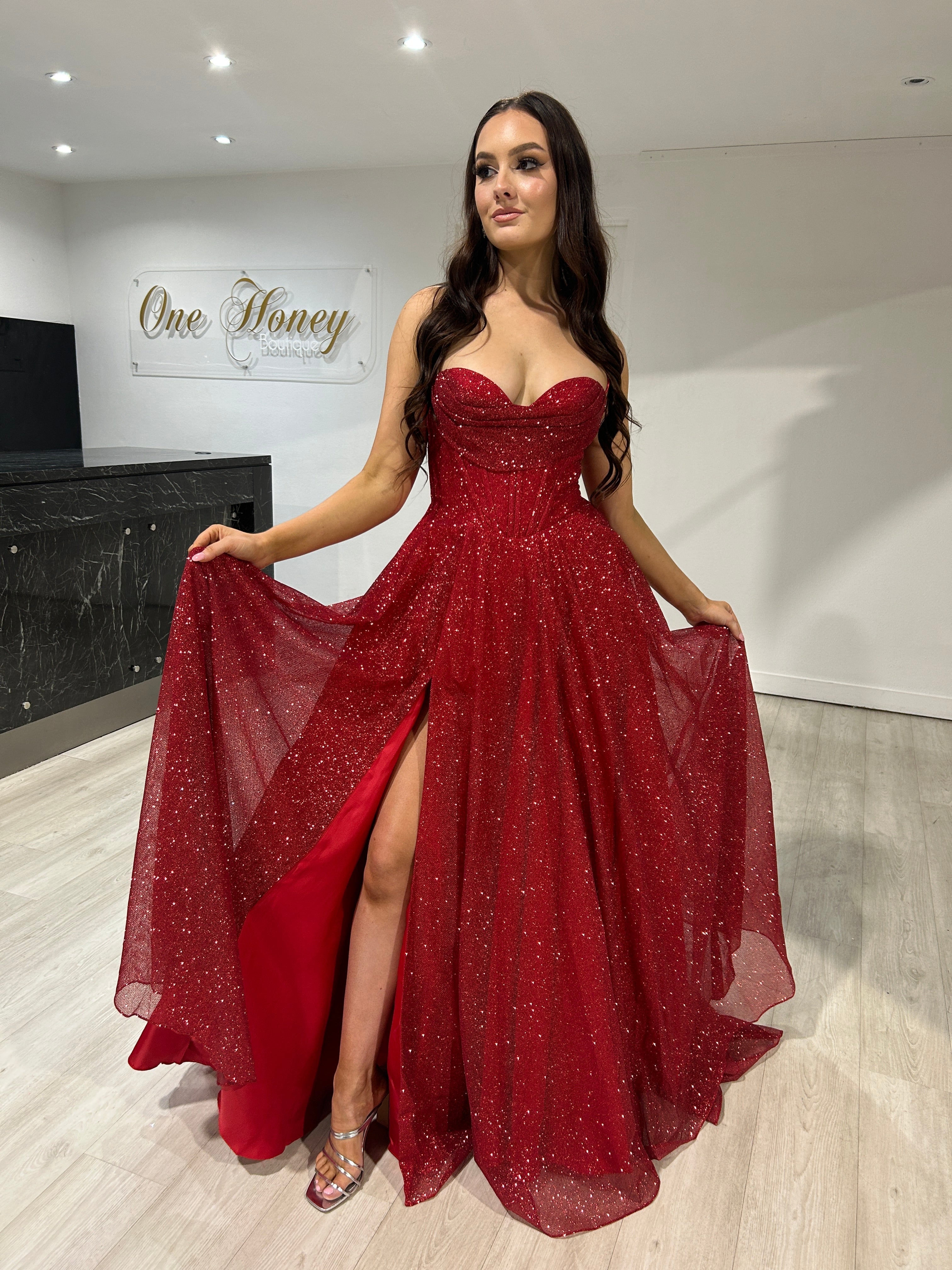 DREYA glitter corset ball gown with a pleated neckline, perfect as a school formal dress. Brisbane to Gold Coast, Australia.