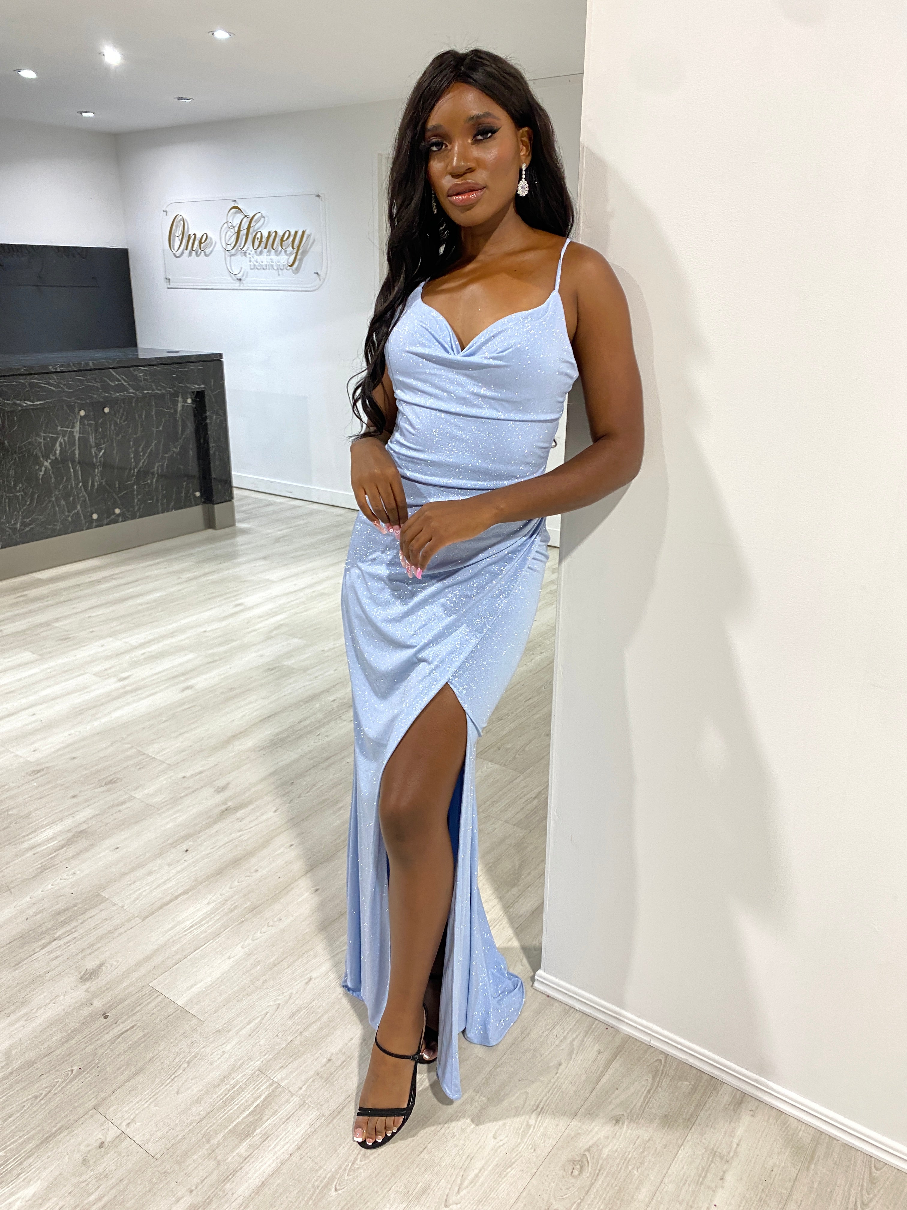 CRISTELLA crystal shimmer gown with cowl neckline and leg slit. Formal mermaid dress, perfect for events. Brisbane to Gold Coast.