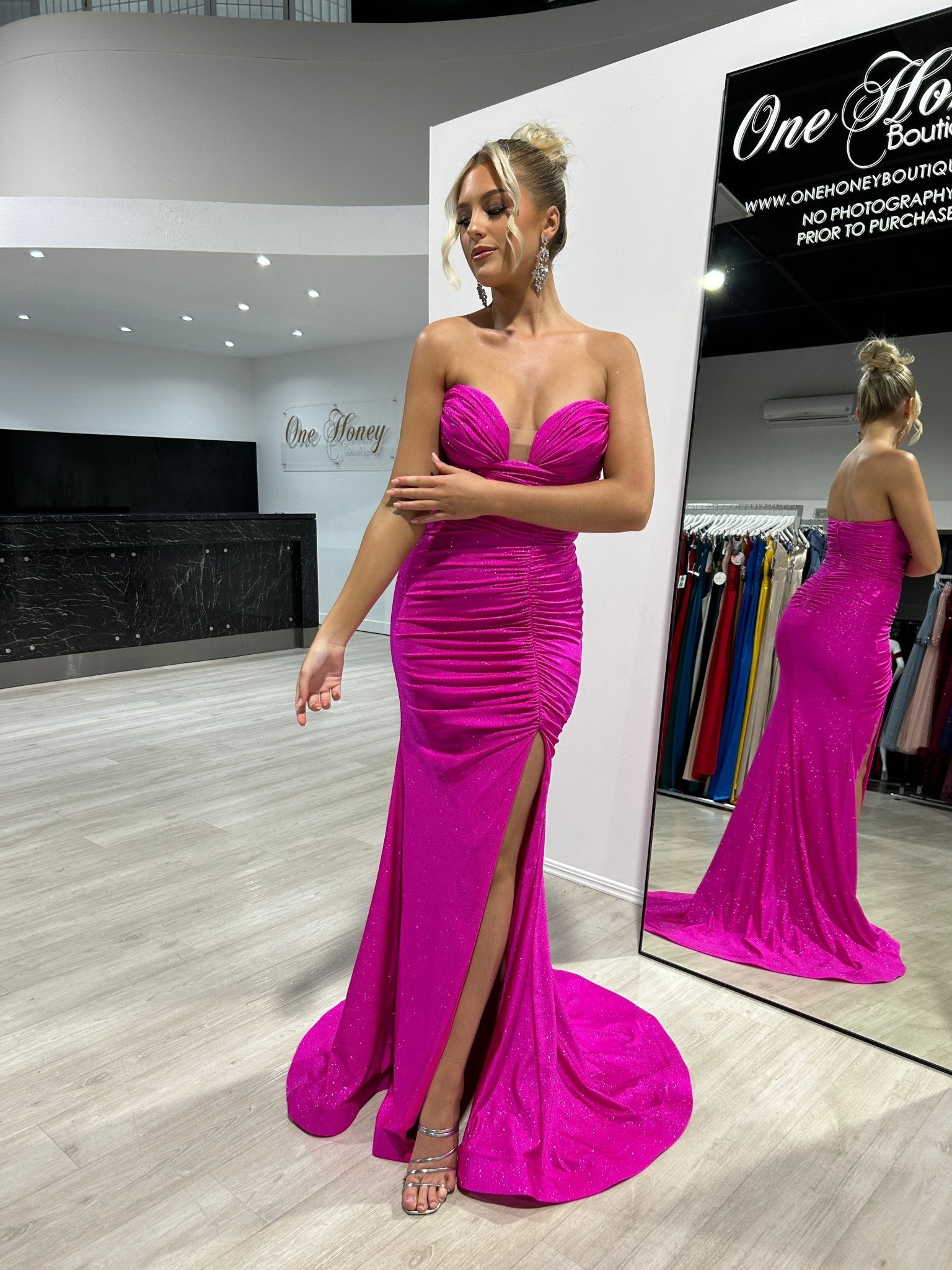 JESIKA Glitter Strapless Mermaid Dress with Gloves in Australia | One Honey Boutique