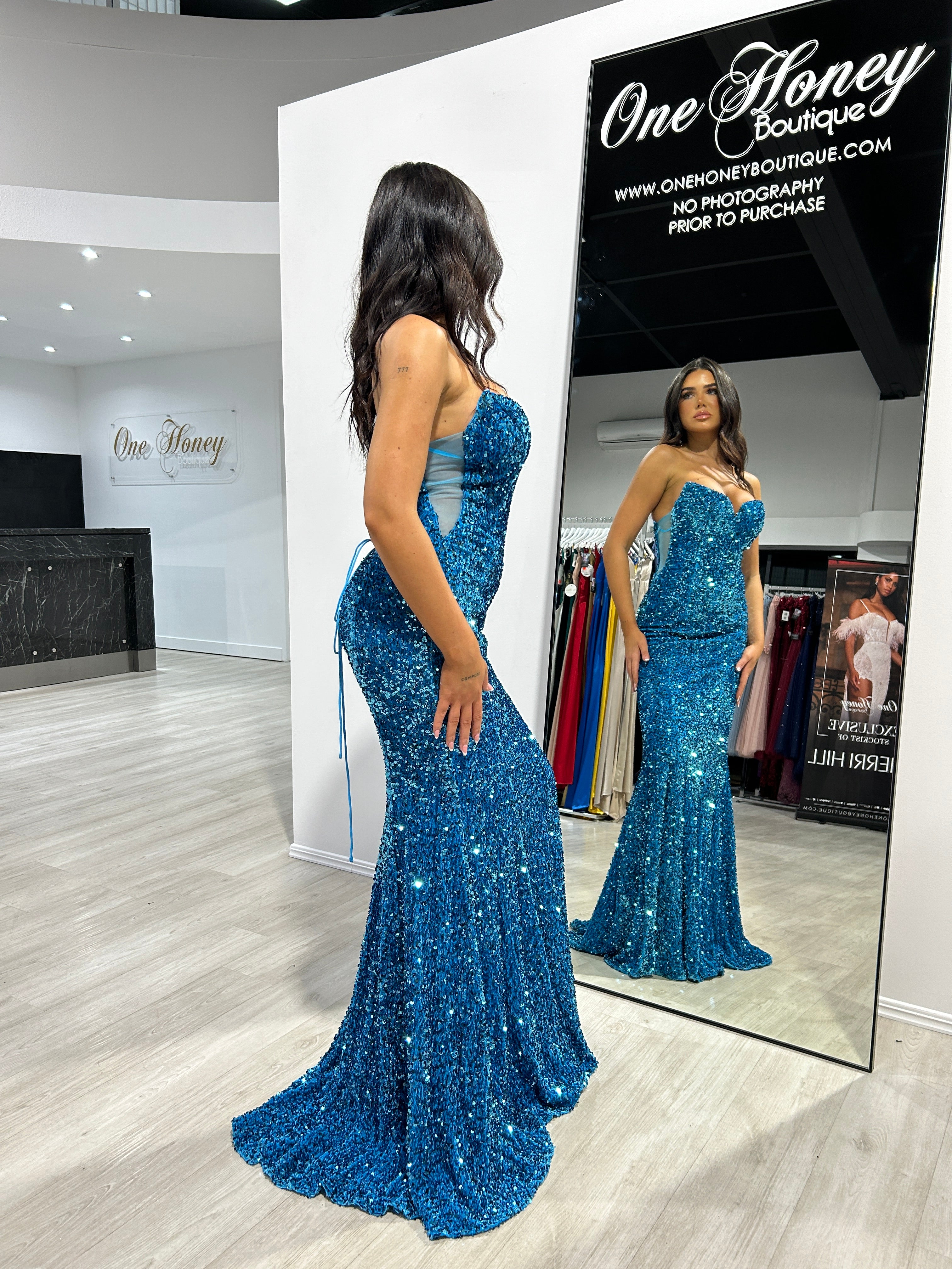 CAMPBELL Sequin Strapless Mermaid Evening Gown with Sweetheart Neckline, reflected in mirror at One Honey Boutique. Brisbane to Gold Coast.