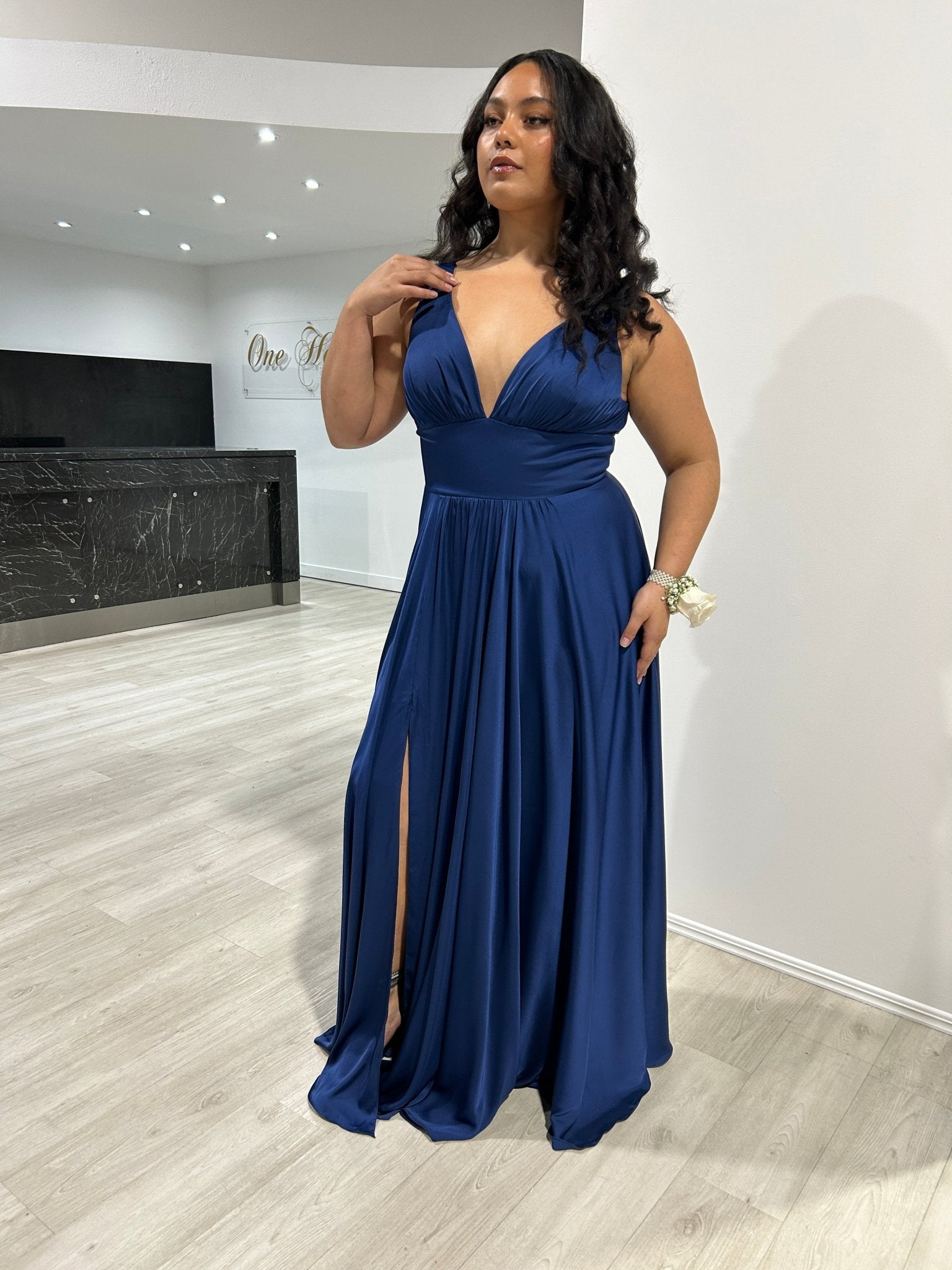 NELLIE Deep V Front Silky A Line Bridesmaid Formal Dress in Australia | One Honey Boutique