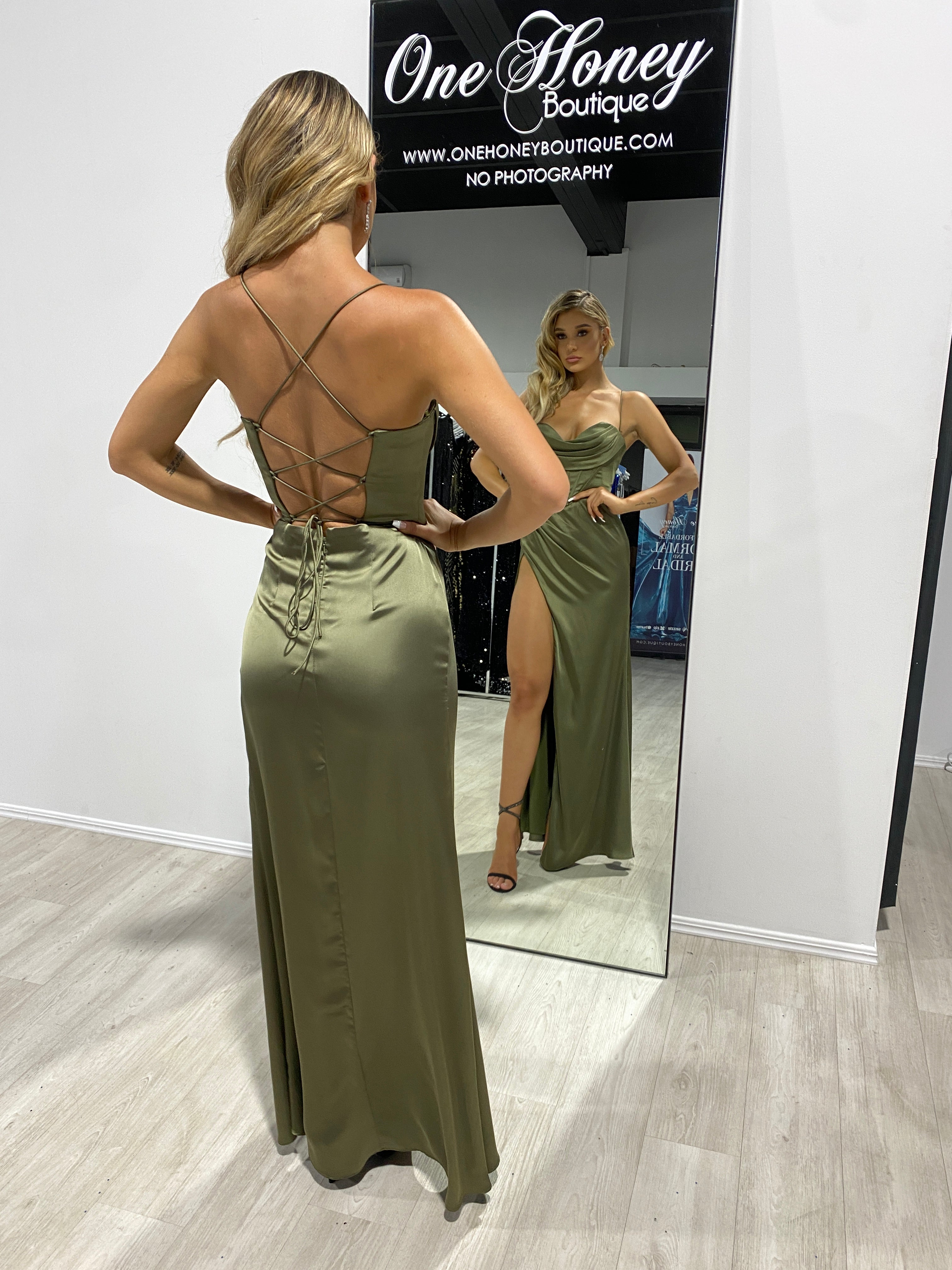 ZENDAYA satin corset back and leg split school formal dress in sage. Ideal for Brisbane to Gold Coast.