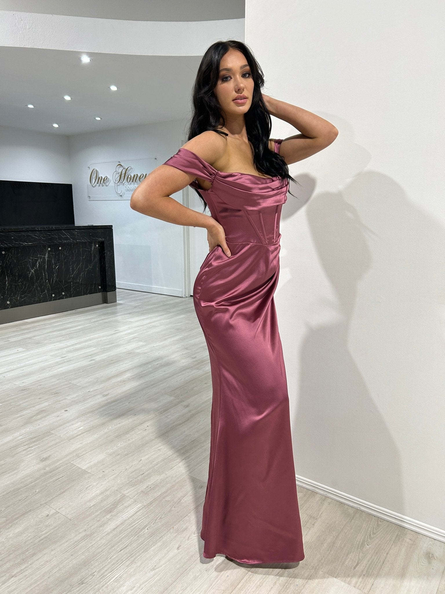 CECE Off The Shoulder Satin Corset Bustier Bridesmaid Formal Dress in Australia | One Honey Boutique