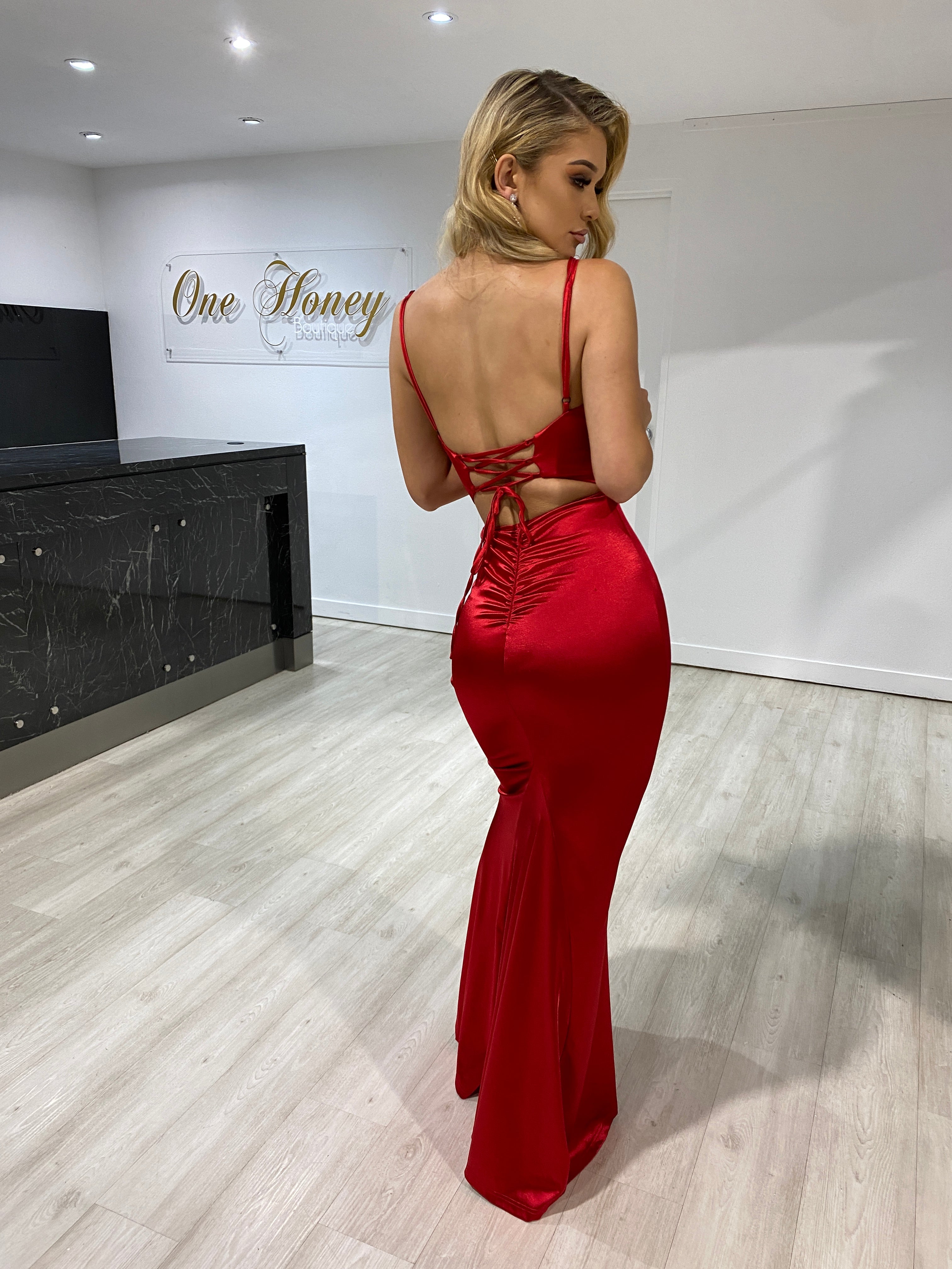 Honey Couture DANA Red Bum Ruching Cut Out Back Formal Dress (RED TAG FINAL SALE)