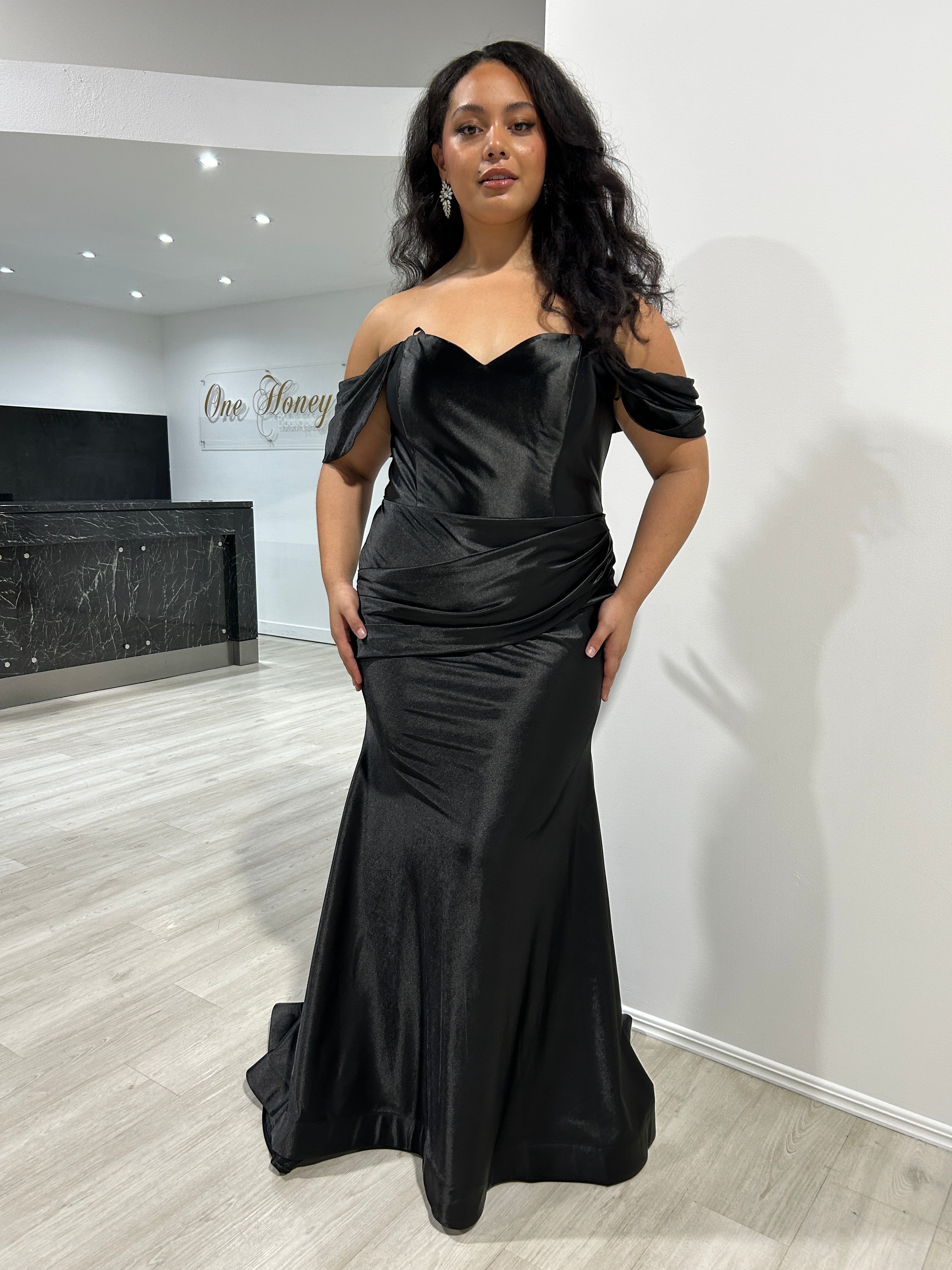 Honey Couture ROCO Black Silky Off The Shoulder Mermaid Formal Dress