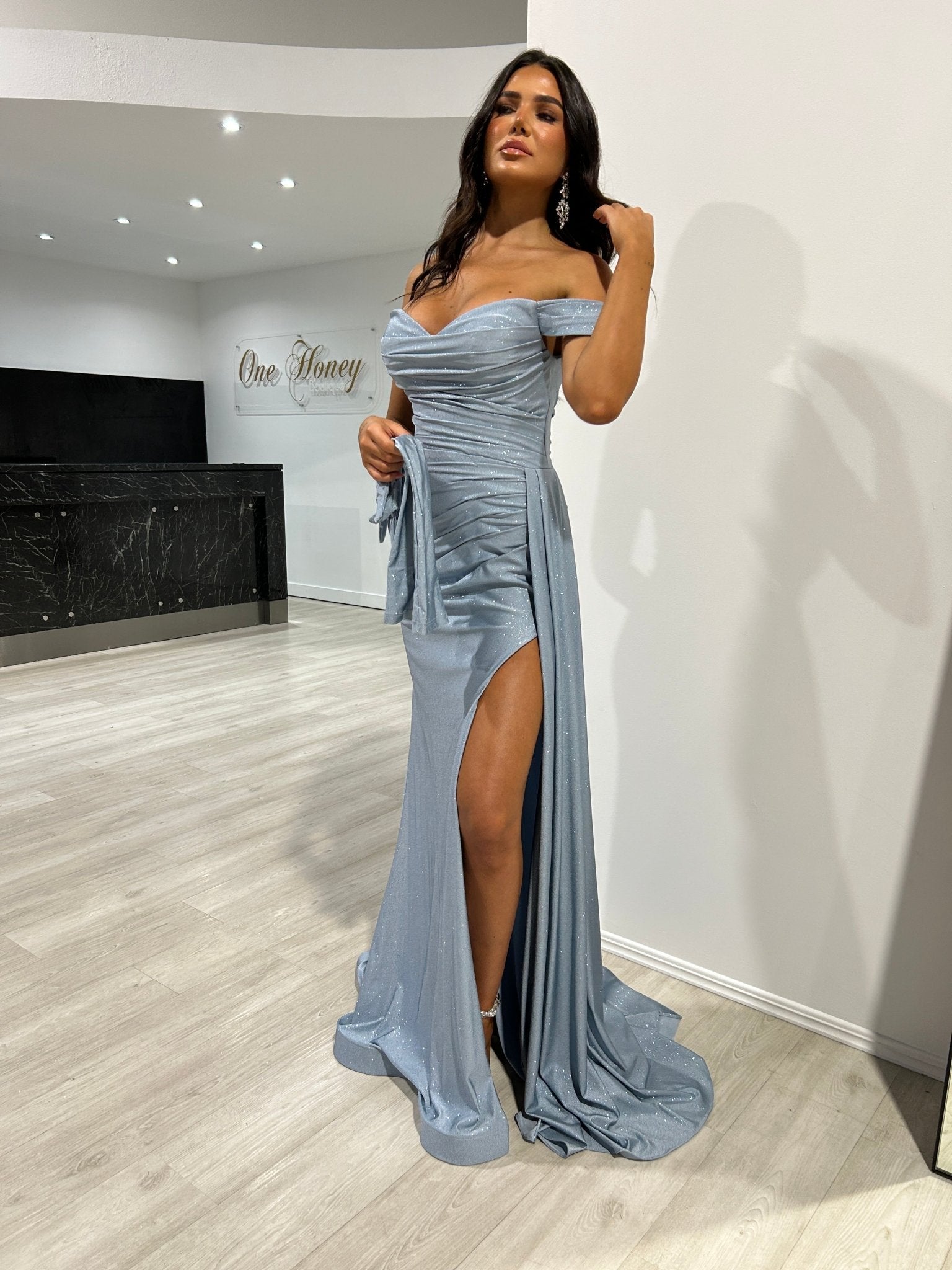 CHRISTINA Off Shoulder Glitter Shimmer Formal Dress w Gloves in Australia | One Honey Boutique