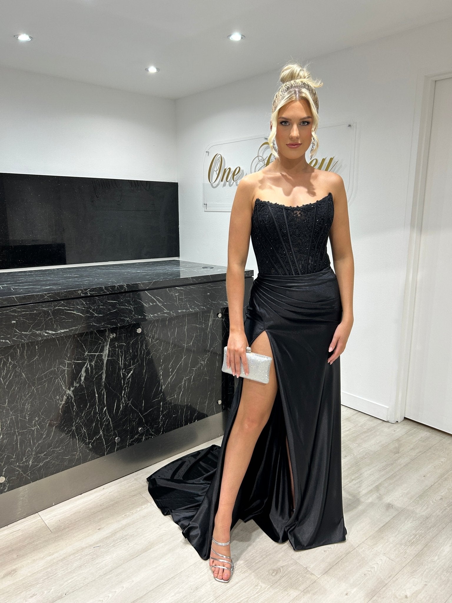 Honey Couture AUGUST Strapless Embellished Bustier Satin Mermaid Formal Dress in Australia | One Honey Boutique