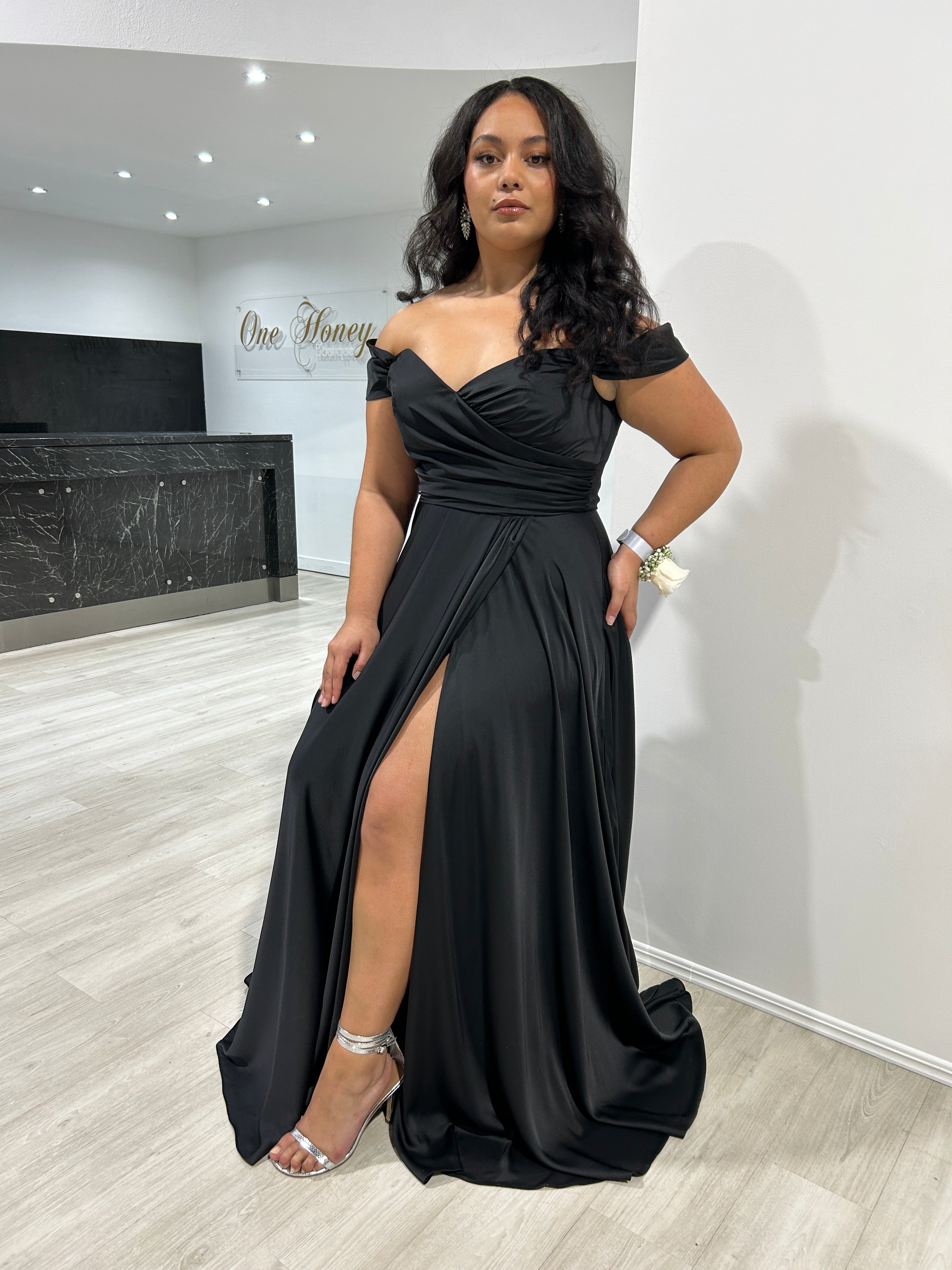 AURA Off the Shoulder Silky A-Line Bridesmaid Dress with thigh-high slit, formal evening gown style. Brisbane to Gold Coast.