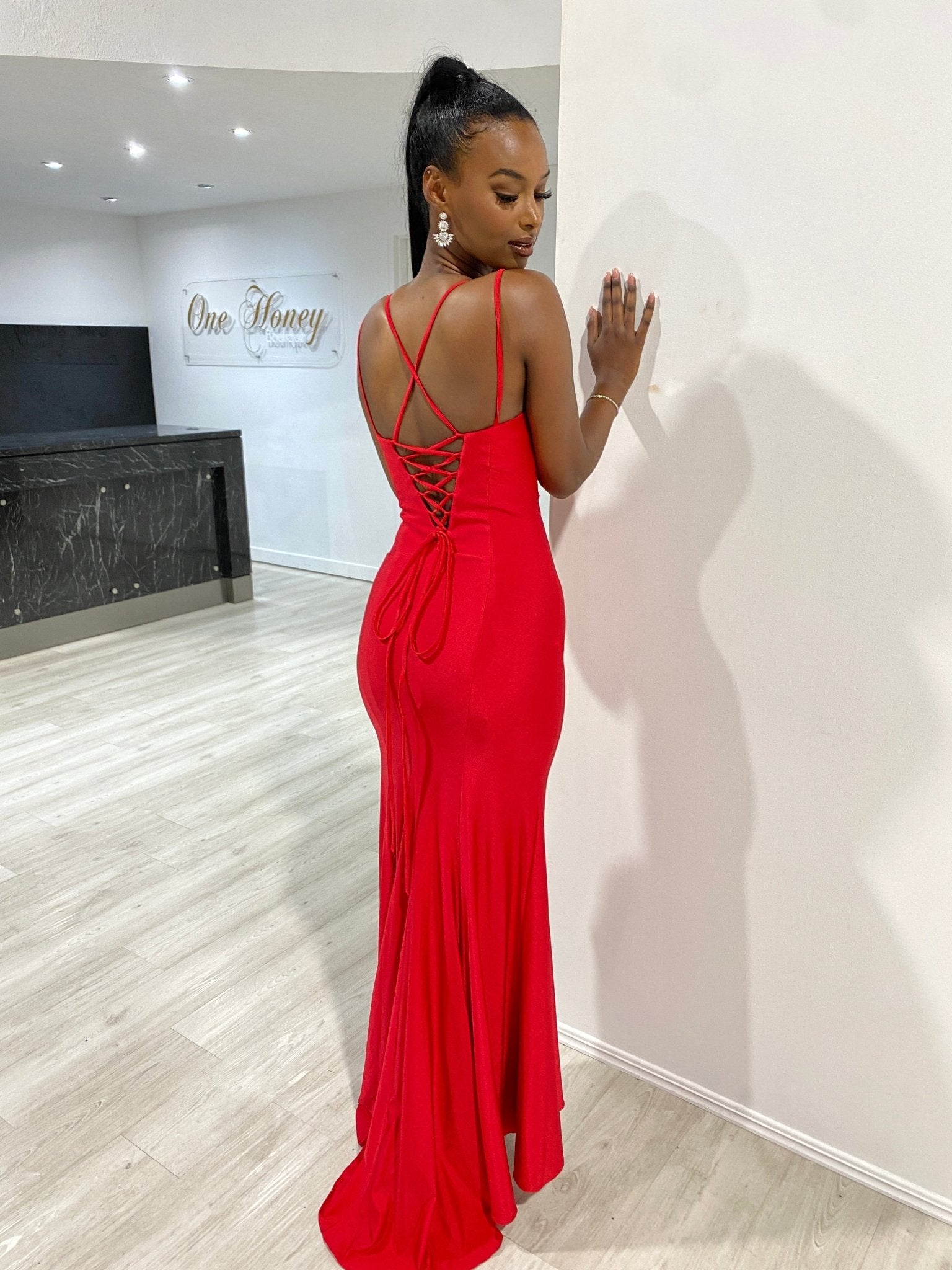 Honey Couture ORINA Diamante V Front Leg Split Formal Dress in Australia | One Honey Boutique