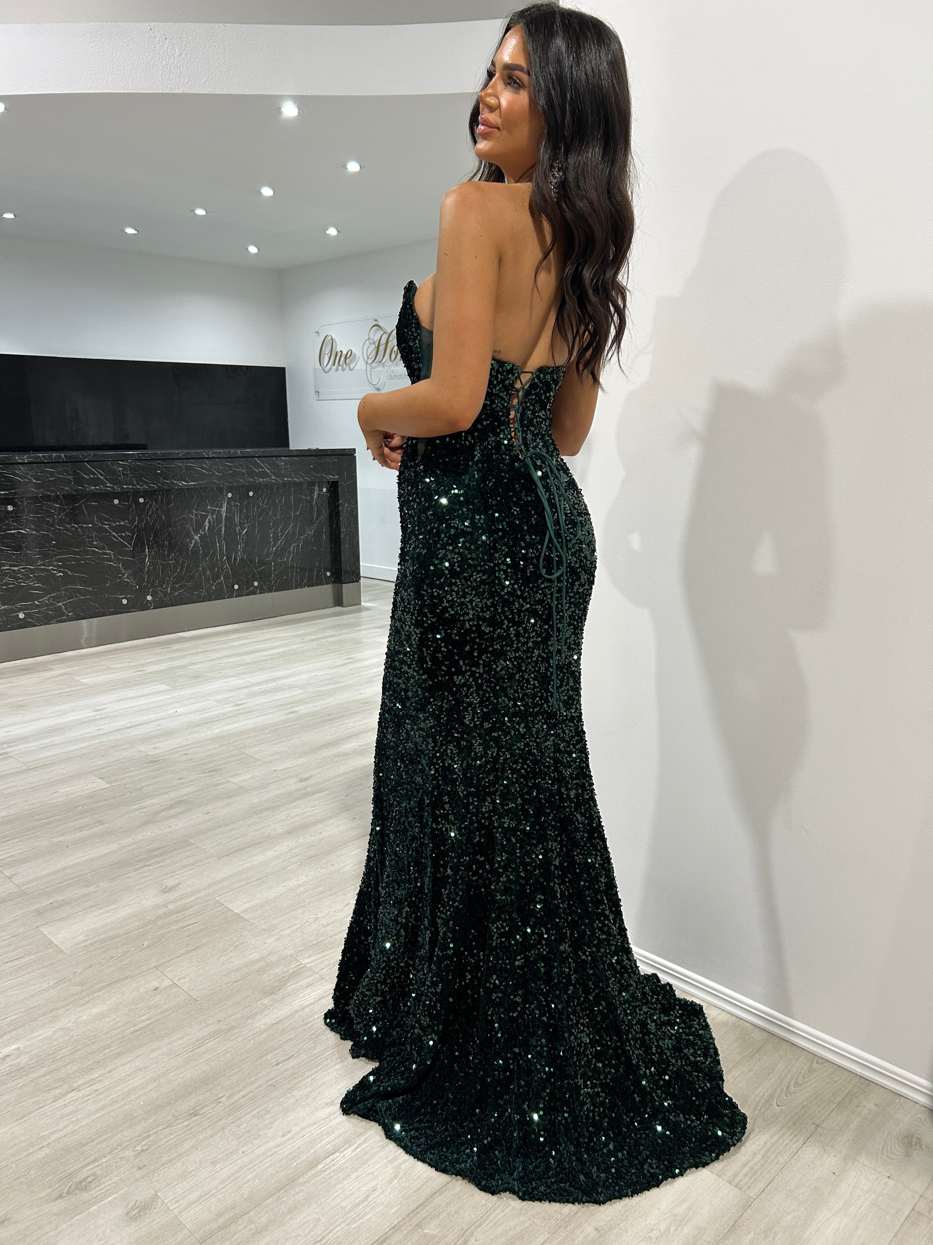 Honey Couture CAMPBELL Emerald Green Sequin Strapless Mermaid Evening Gown Dress