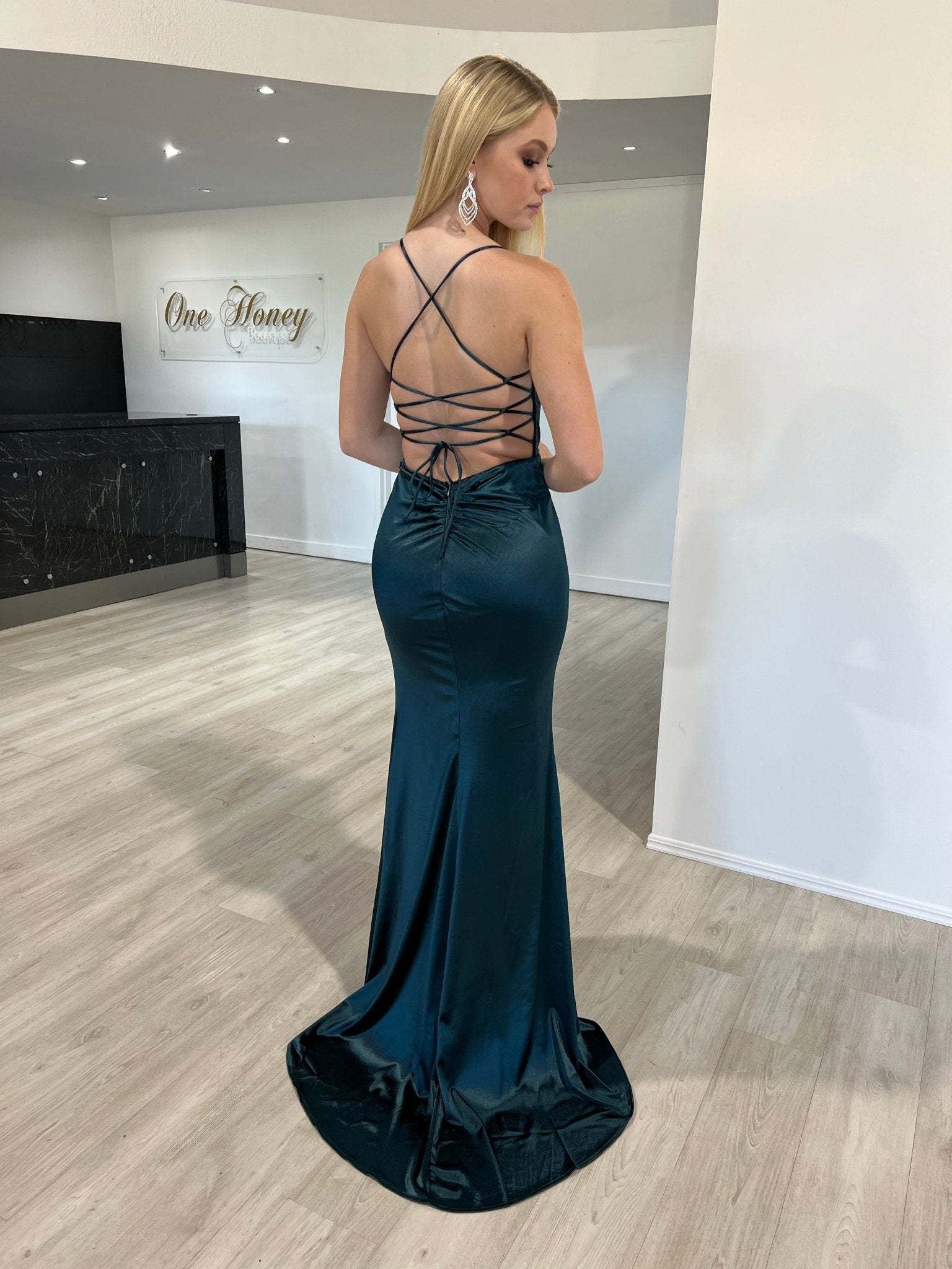 Honey Couture JALI Lace Back Silky Bum Ruching Formal Dress in Australia | One Honey Boutique