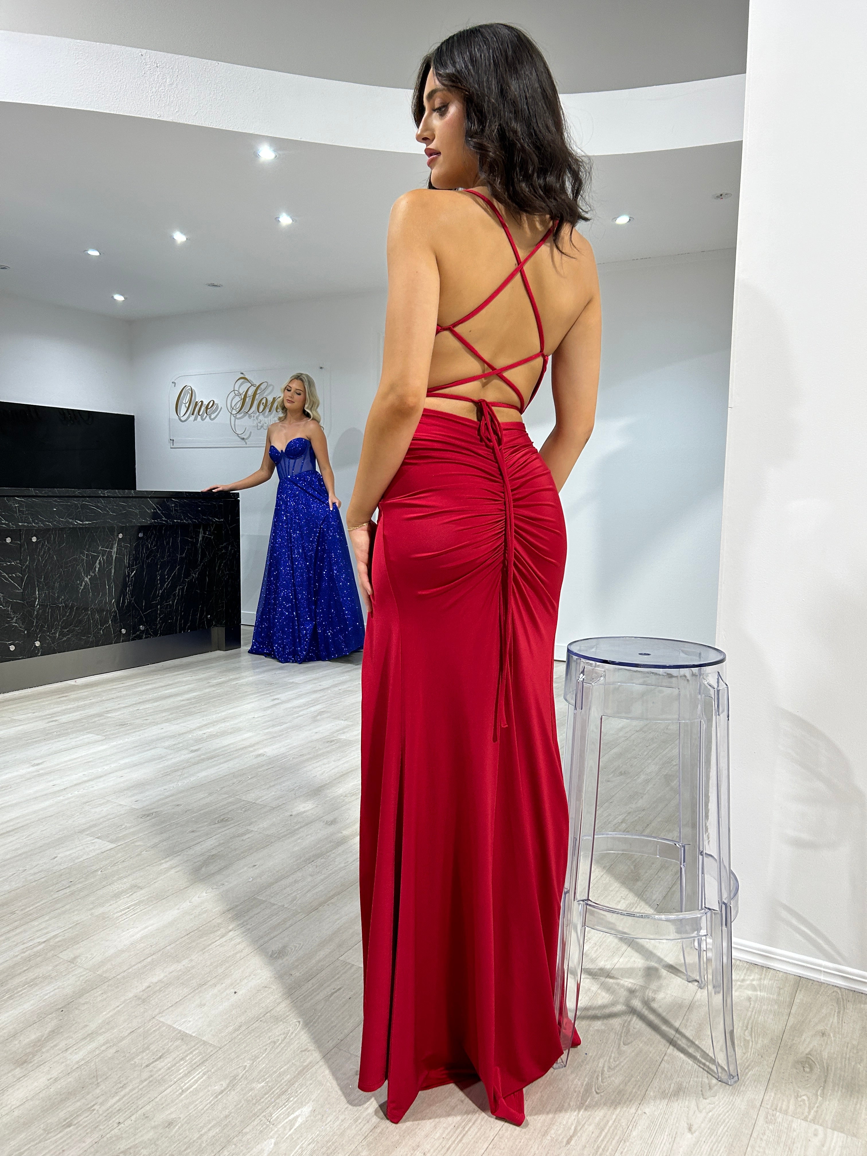 Honey Couture ELODIE Deep Red Silky Lace Up Low Back Mermaid Formal Dress