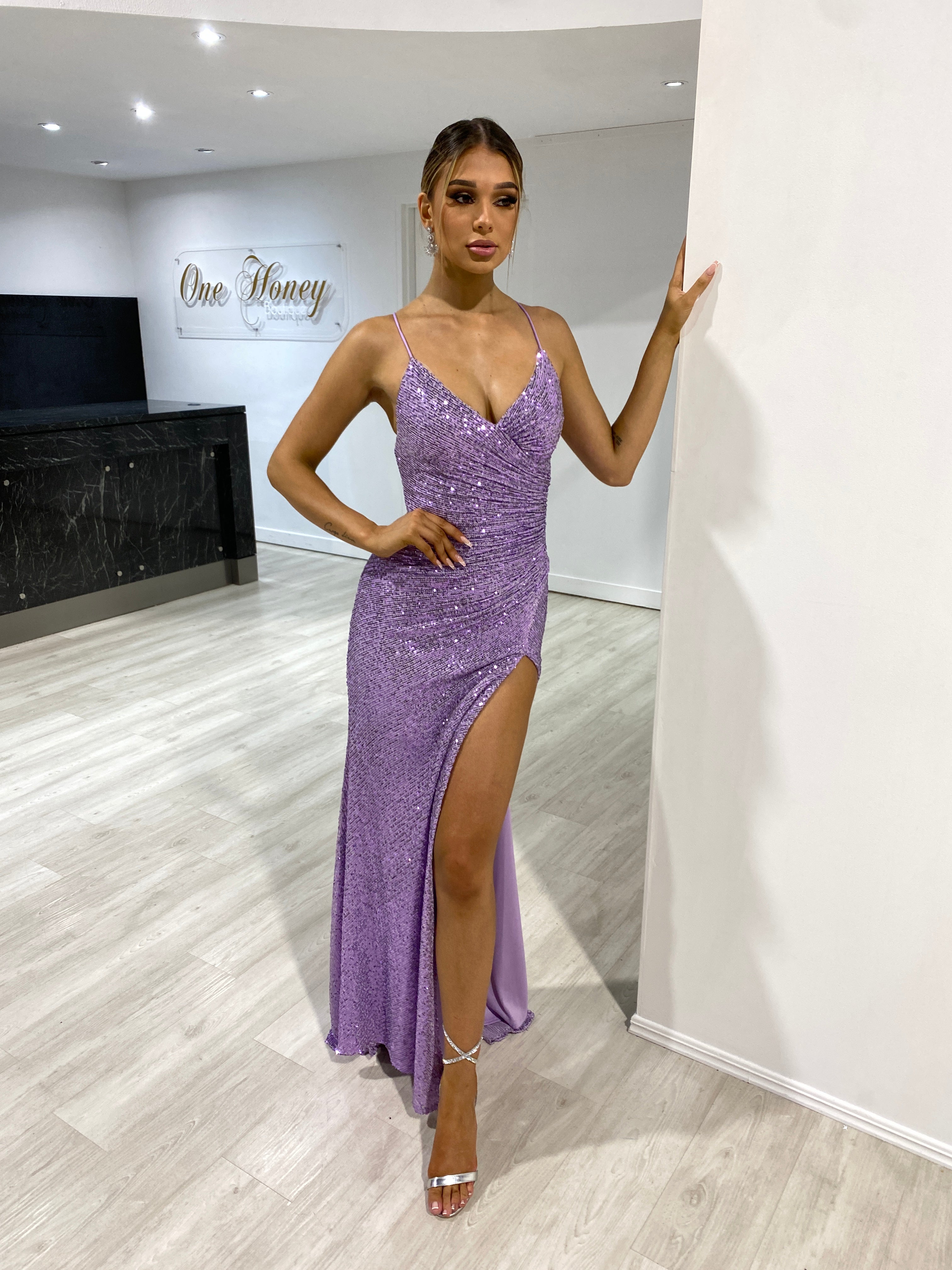 MARILYN Ruched Waist Sequin Formal Gown with Leg Split, glamorous lace-up back, evening gown, Brisbane to Gold Coast Australia