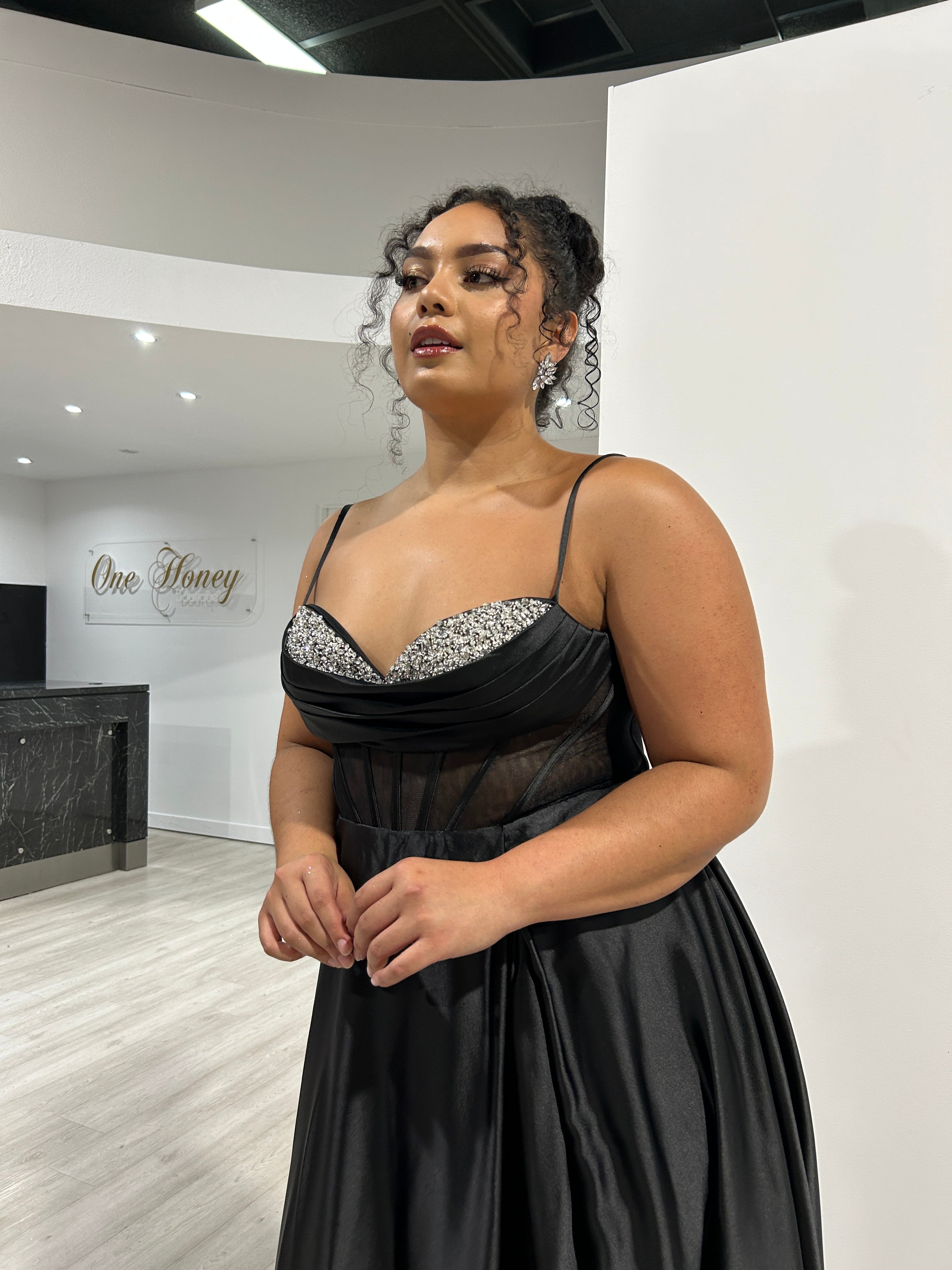 ROJA Satin Diamanté Detail Corset A-line formal dress with pleated cowl neckline, evening gown, Brisbane to Gold Coast.