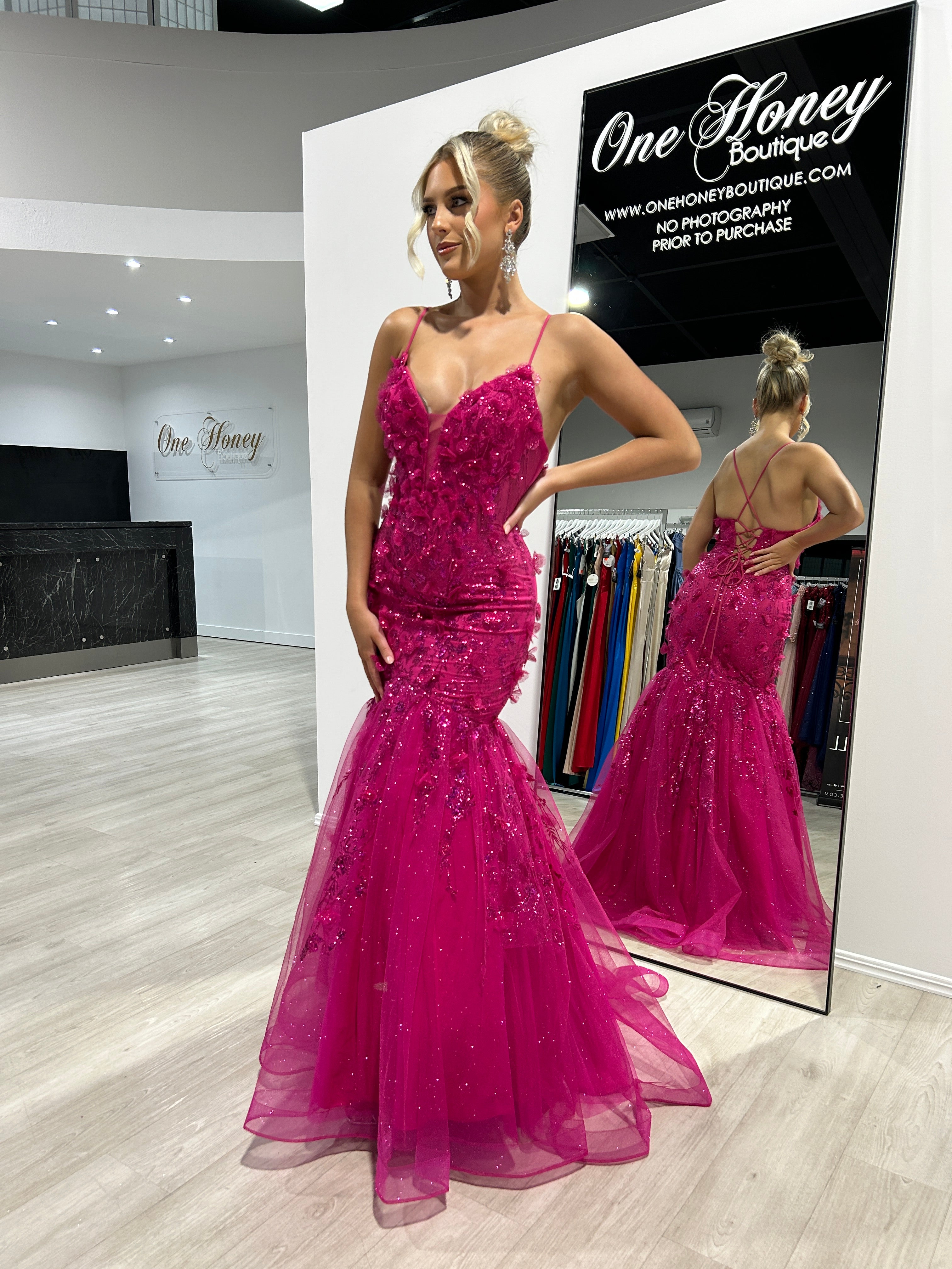 DREAM Sequin Glitter Fishtail Mermaid Formal Dress with floral appliques, deep V-neckline; prom gown. Brisbane to Gold Coast.