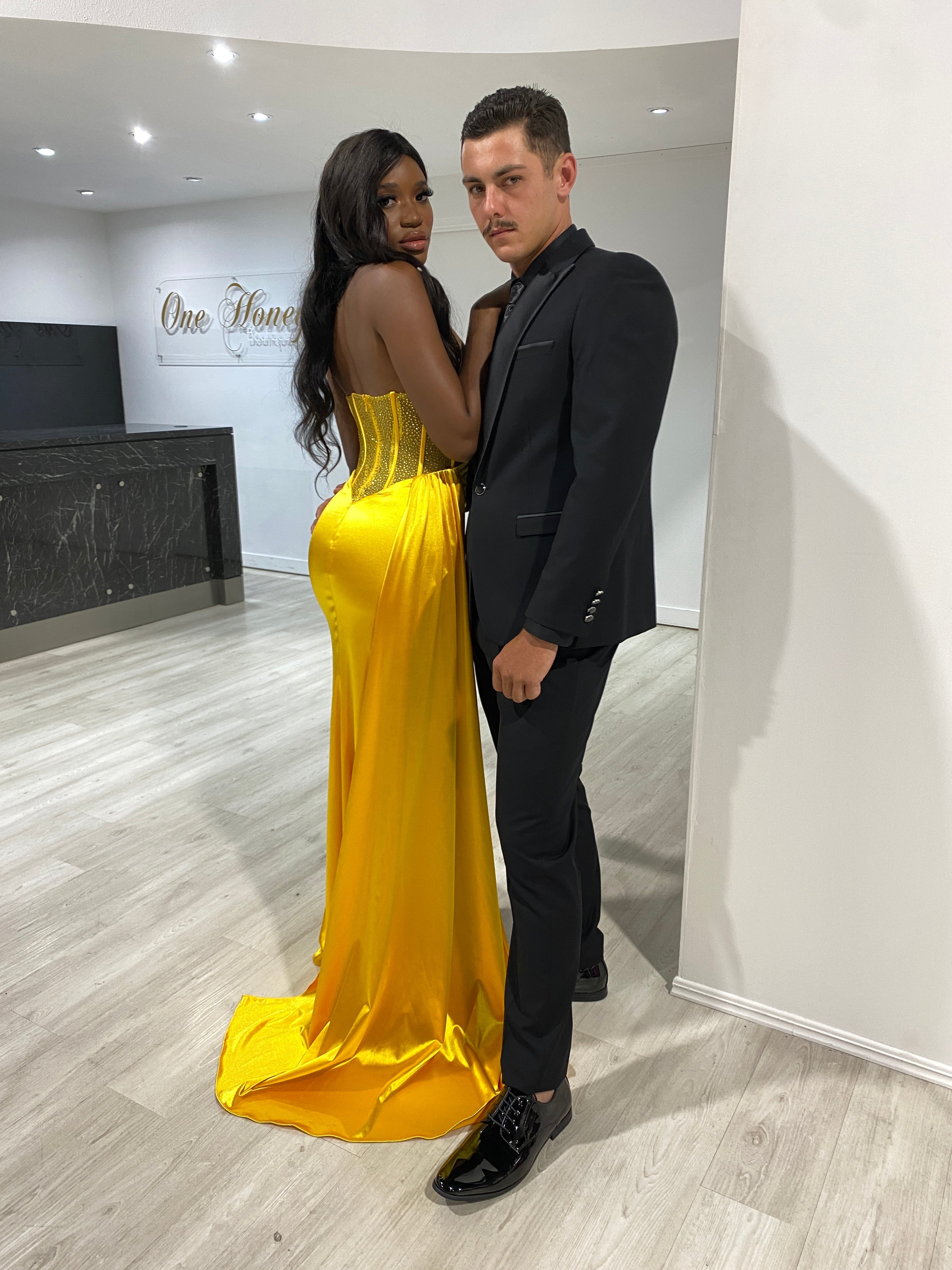 GIGI Corset Sparkle Bustier Strapless Mermaid Formal Gown Dress in yellow, featuring a fitted bodice and satin finish, perfect for prom. Brisbane to Gold Coast.