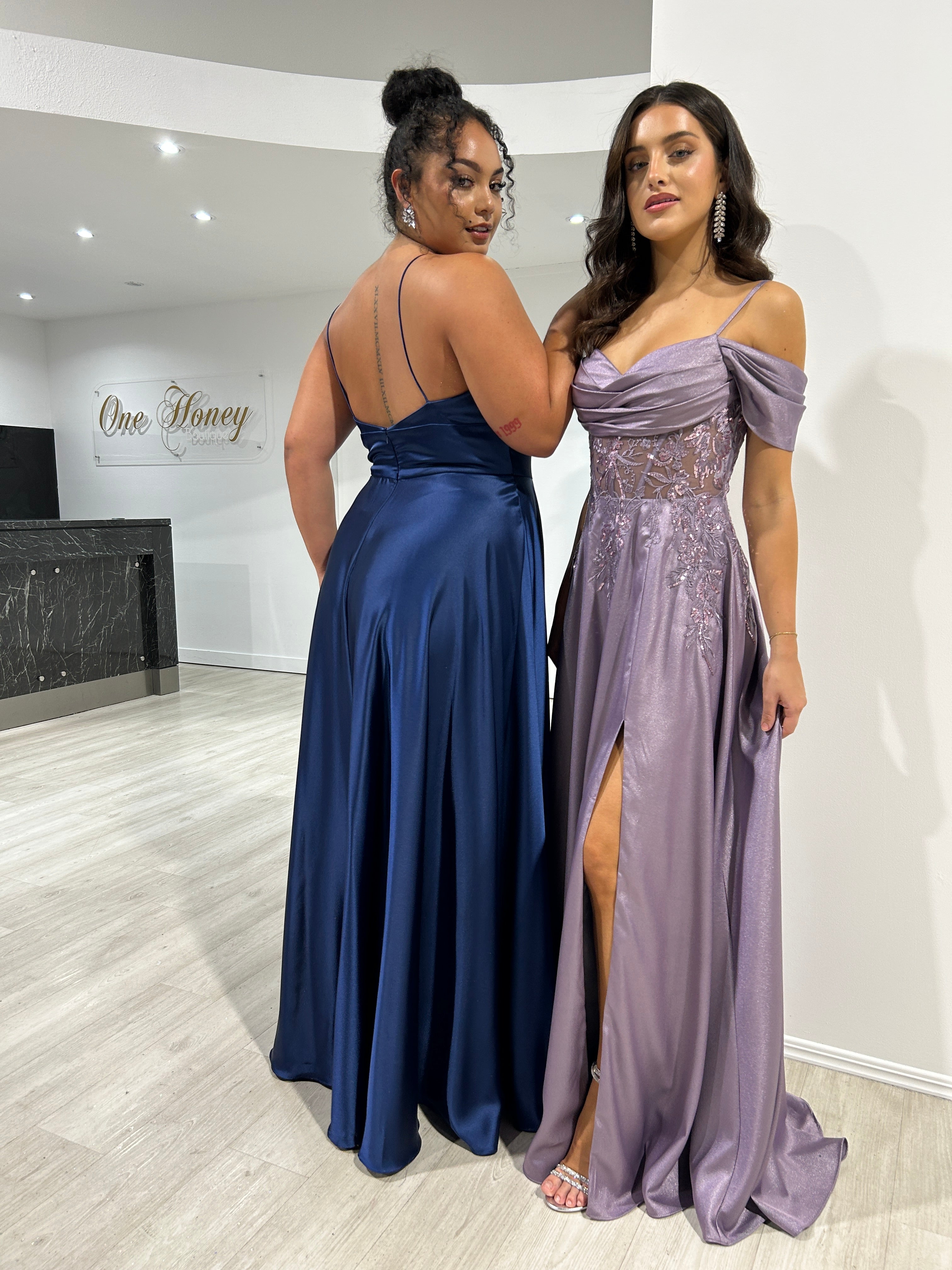 MARIKA Beaded Off Shoulder A-Line Corset Formal Dress with satin finish, perfect for galas. Brisbane to Gold Coast, Australia.