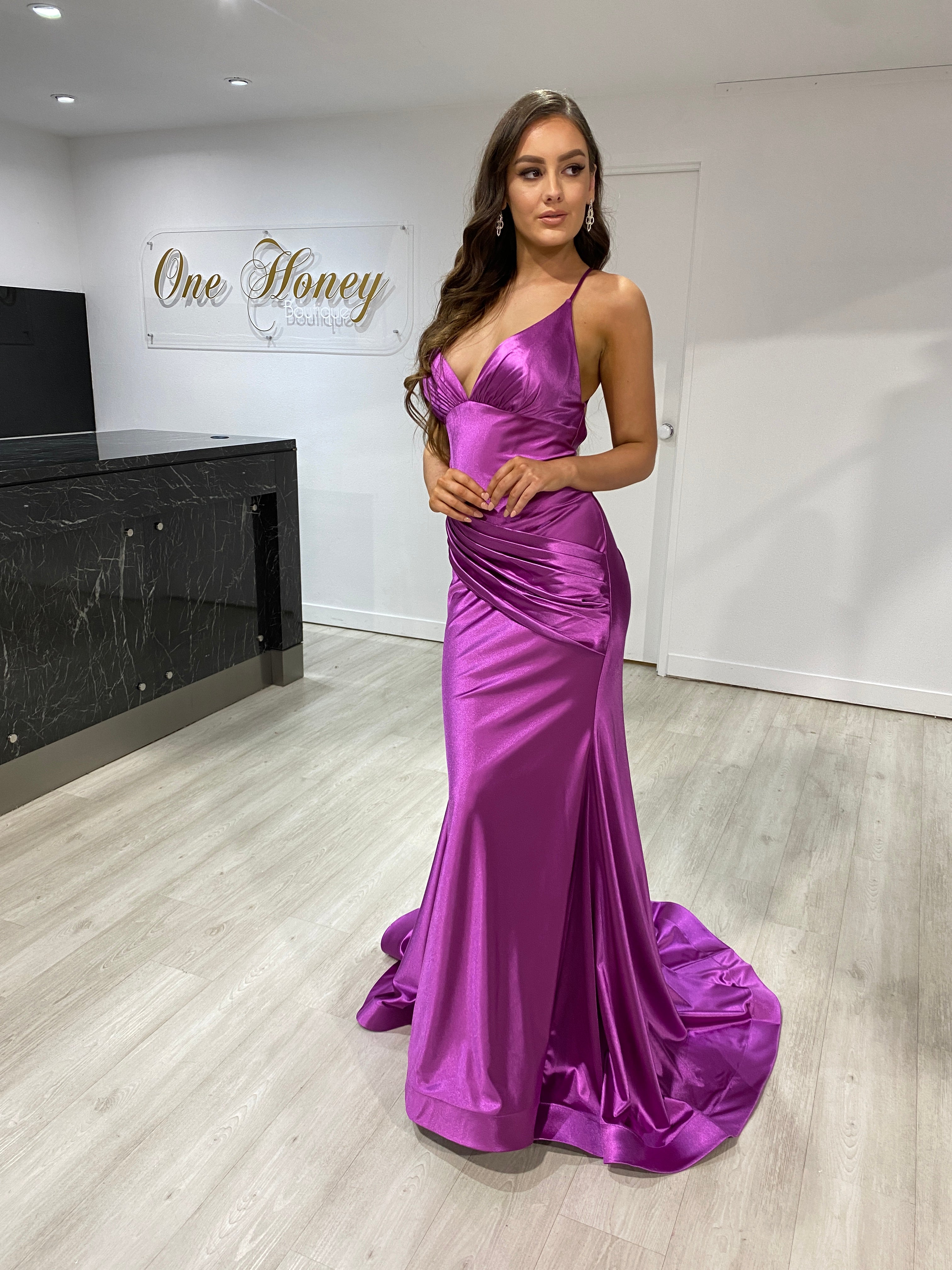 COCO Sash Front Low Back Mermaid Formal Gown with satin fabric and ruched sweetheart neckline evening dress. Brisbane to Gold Coast.