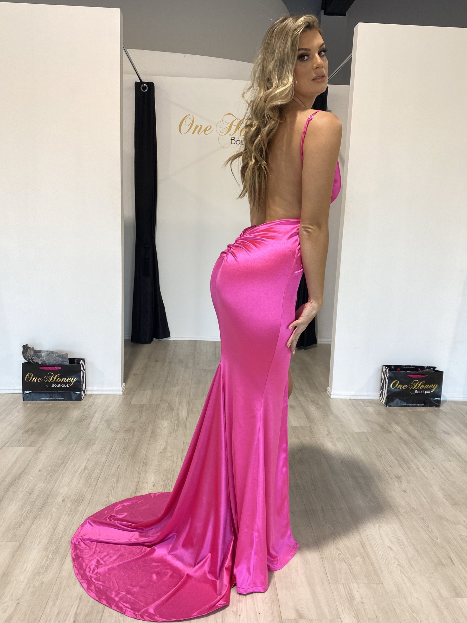 Honey Couture MILEE Low Back Mermaid Gown in pink, featuring leg split and ruching, designed by Australian Designer, perfect for prom or evening.