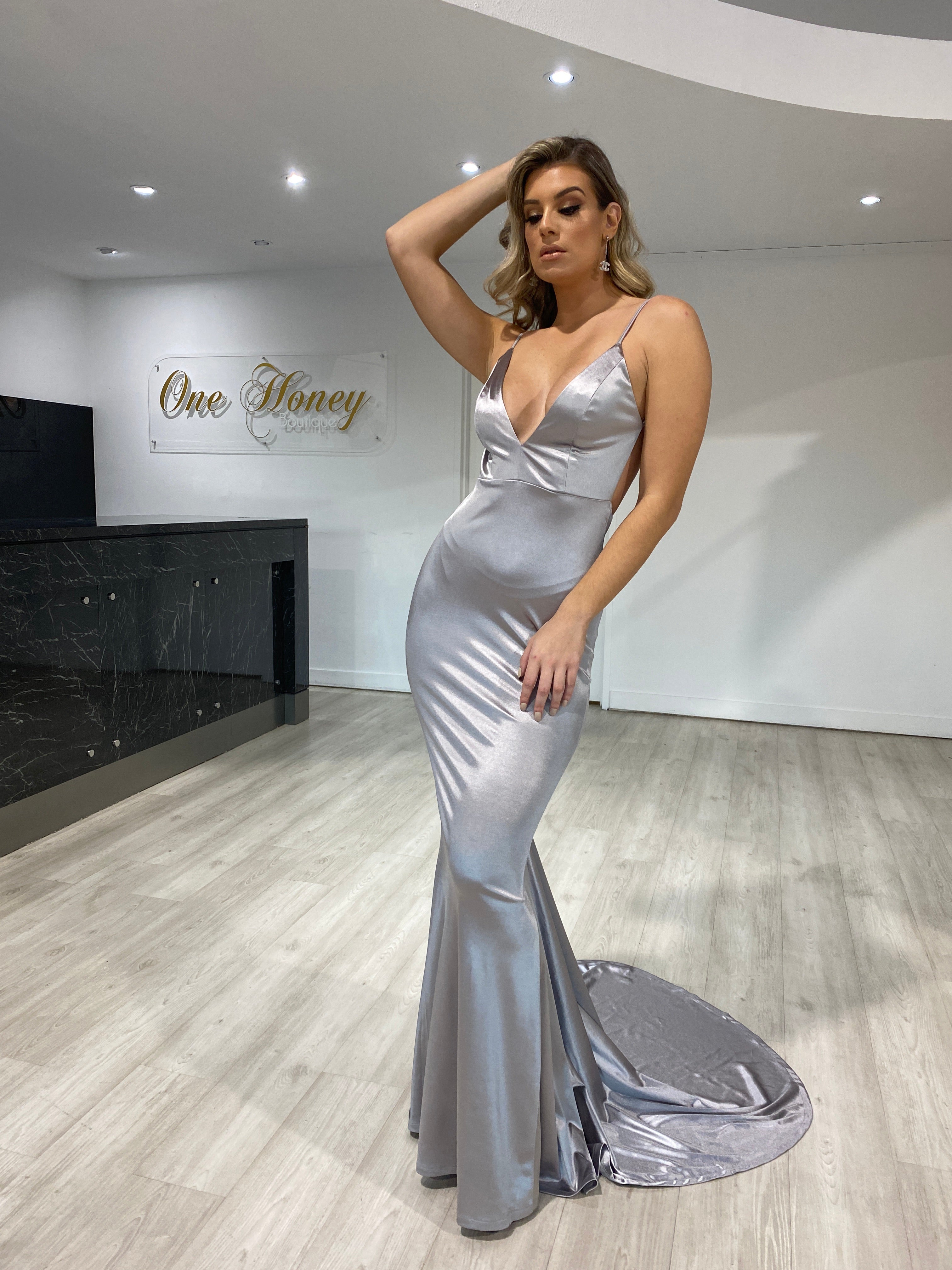 Honey Couture MILEE low back mermaid evening gown with adjustable straps, in silky stretch fabric. Australian designer prom dress.